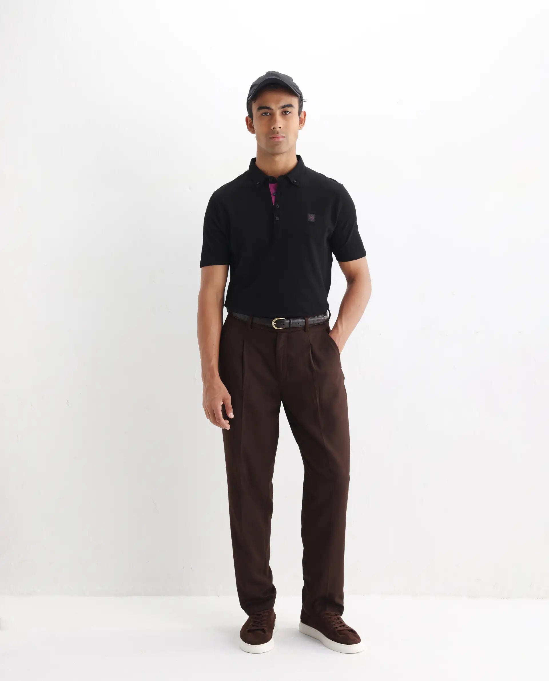 Rare Rabbit Men's Herval Black Cotton Plain Regular Fit Half Sleeve Polo