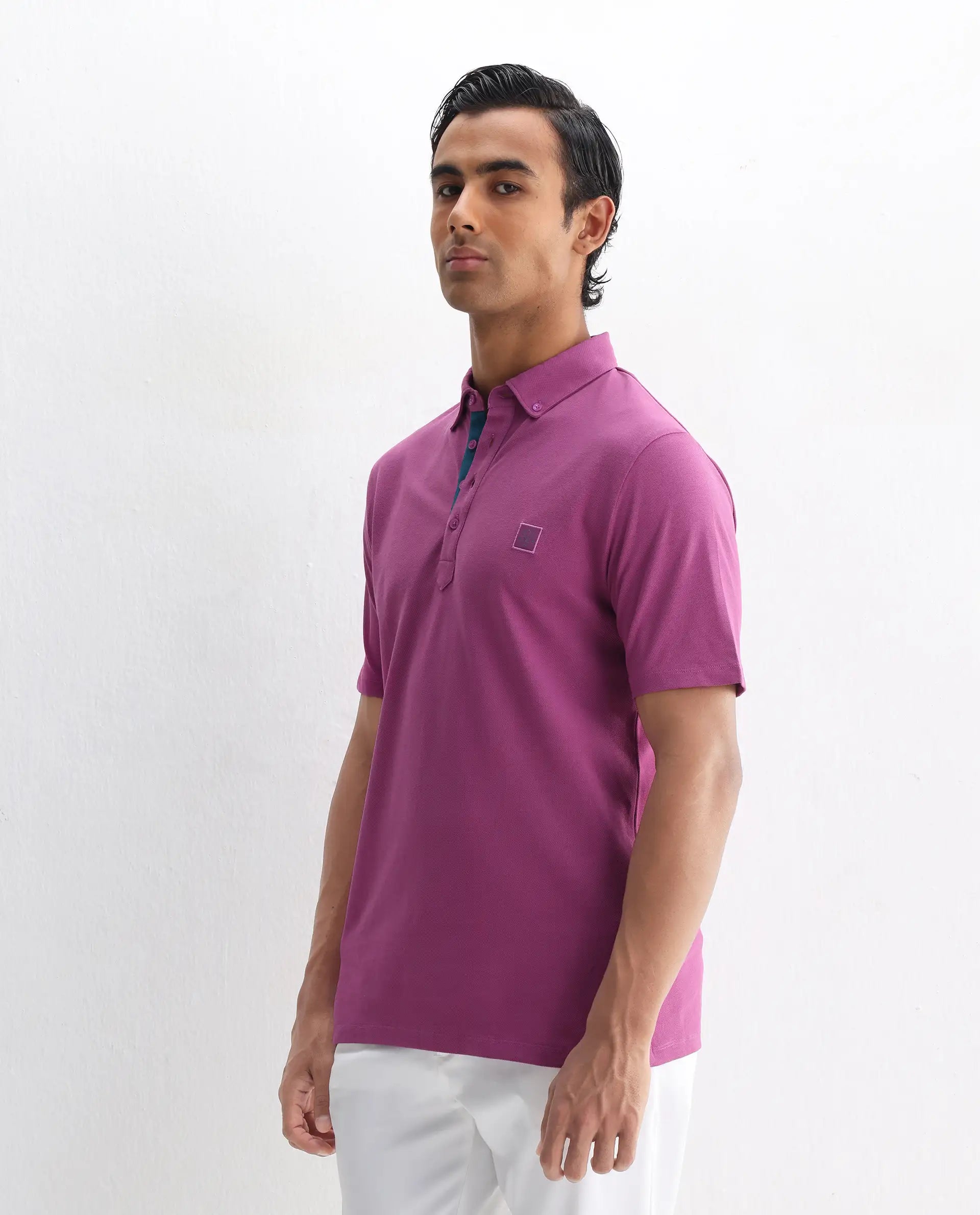 Rare Rabbit Men's Herval Dark Pink Cotton Plain Regular Fit Half Sleeve Polo