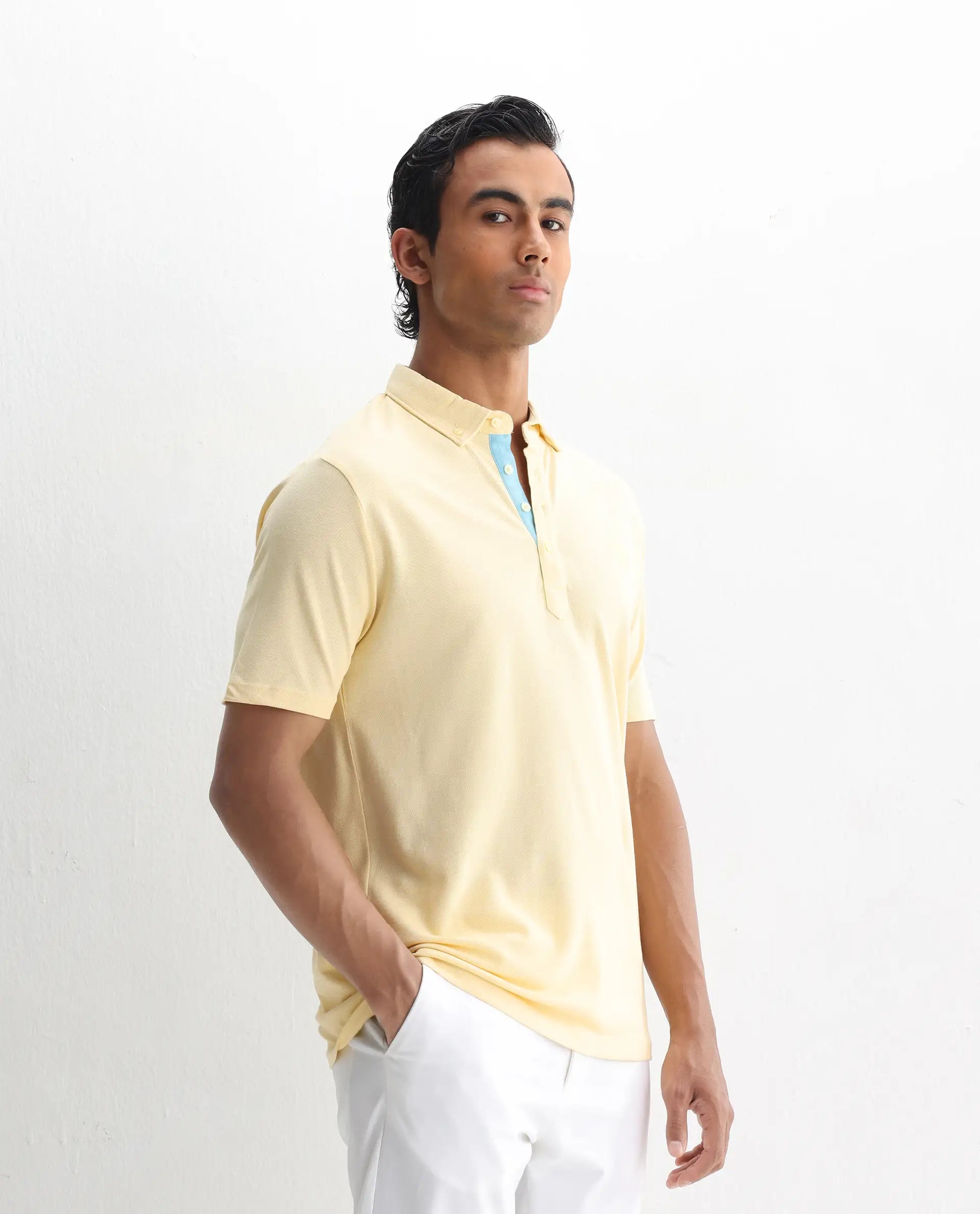 Rare Rabbit Men's Herval Light Yellow Cotton Plain Regular Fit Half Sleeve Polo