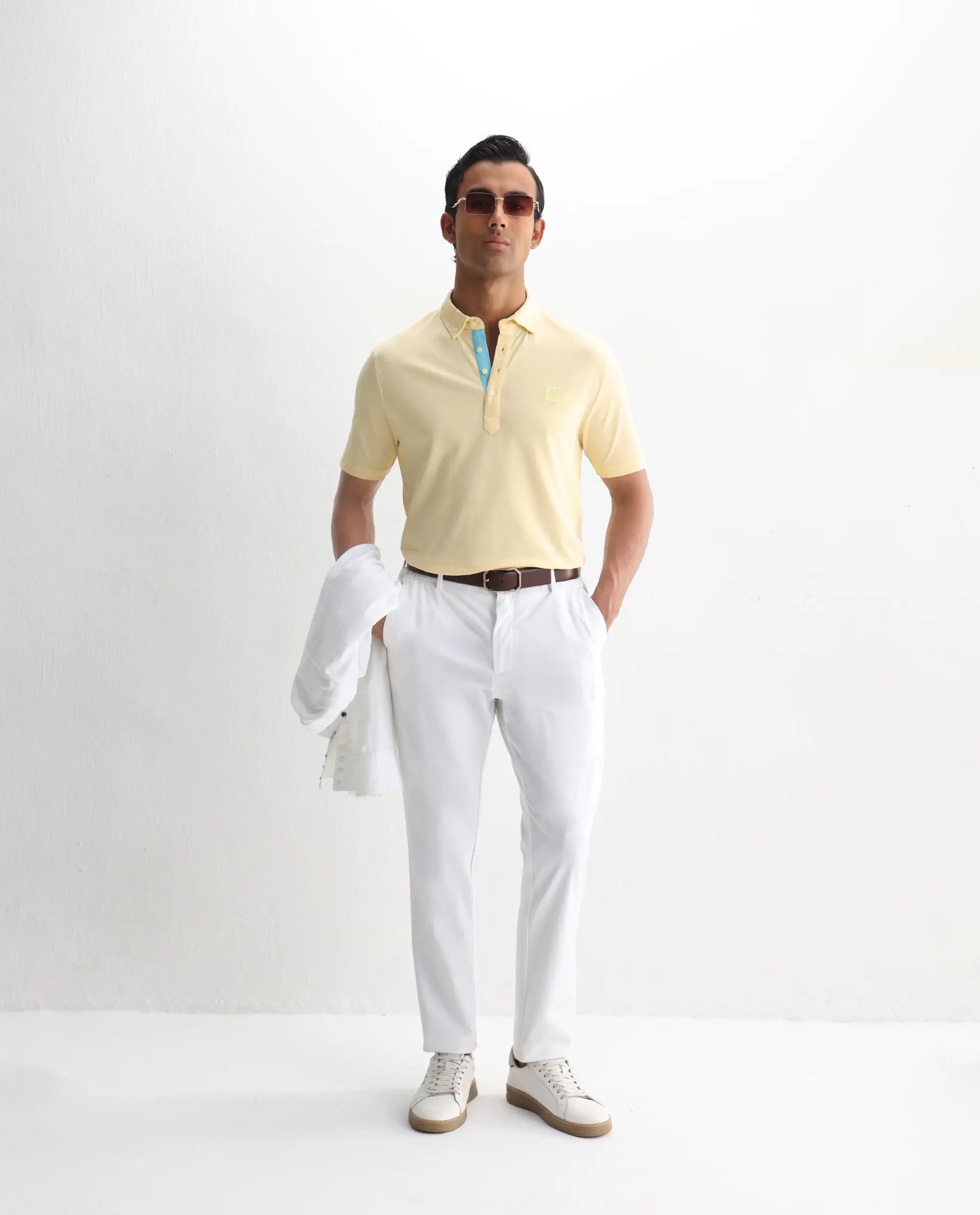 Rare Rabbit Men's Herval Light Yellow Cotton Plain Regular Fit Half Sleeve Polo