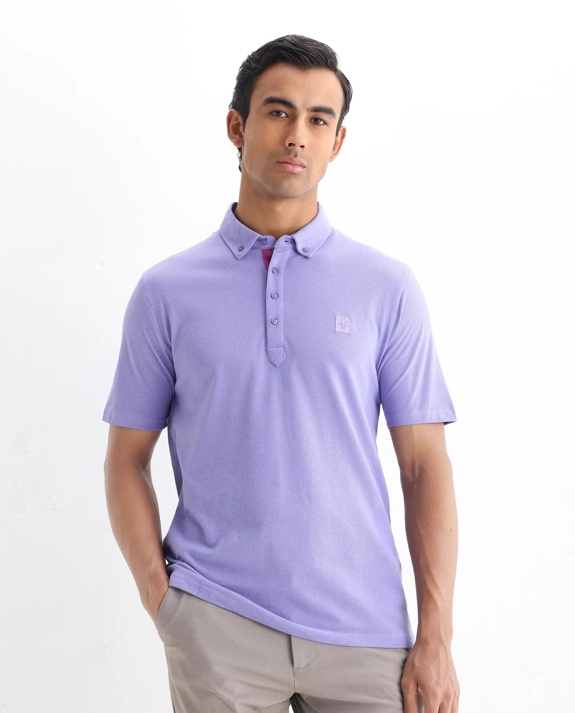 Rare Rabbit Men's Herval Pastel Purple Cotton Plain Regular Fit Half Sleeve Polo