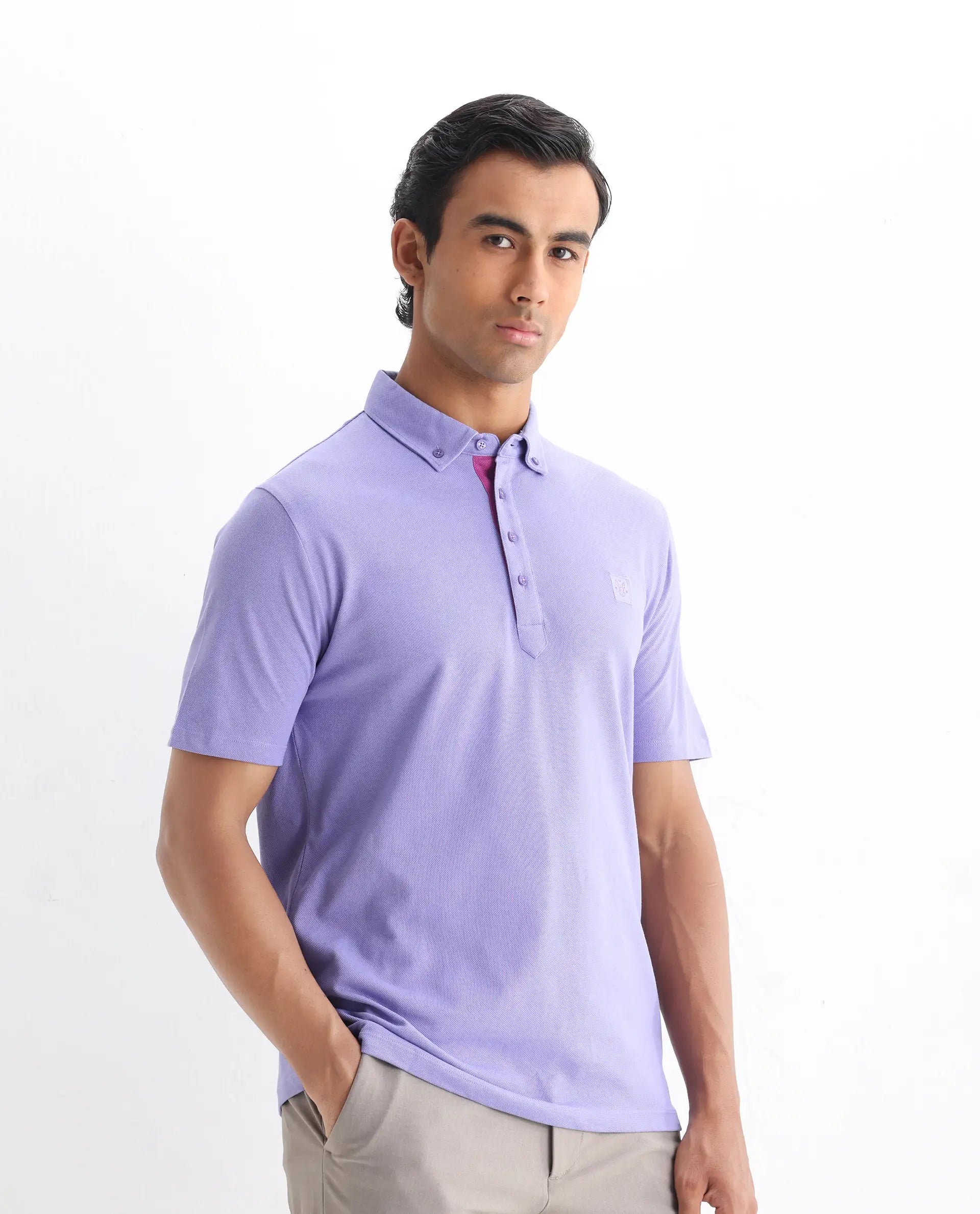 Rare Rabbit Men's Herval Pastel Purple Cotton Plain Regular Fit Half Sleeve Polo