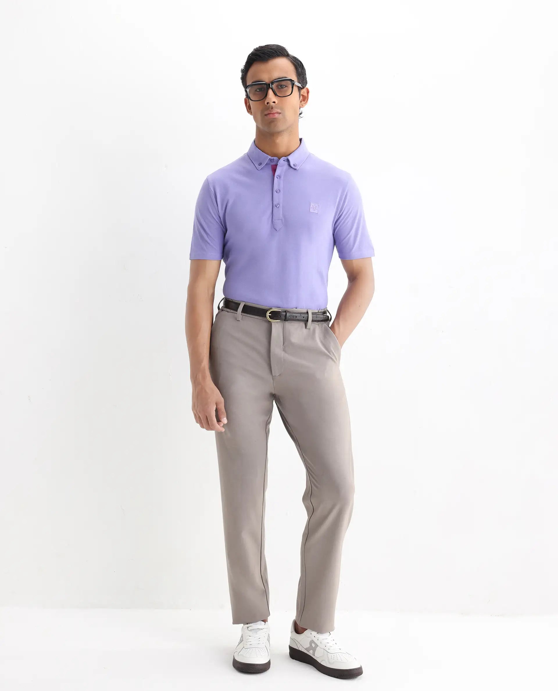 Rare Rabbit Men's Herval Pastel Purple Cotton Plain Regular Fit Half Sleeve Polo