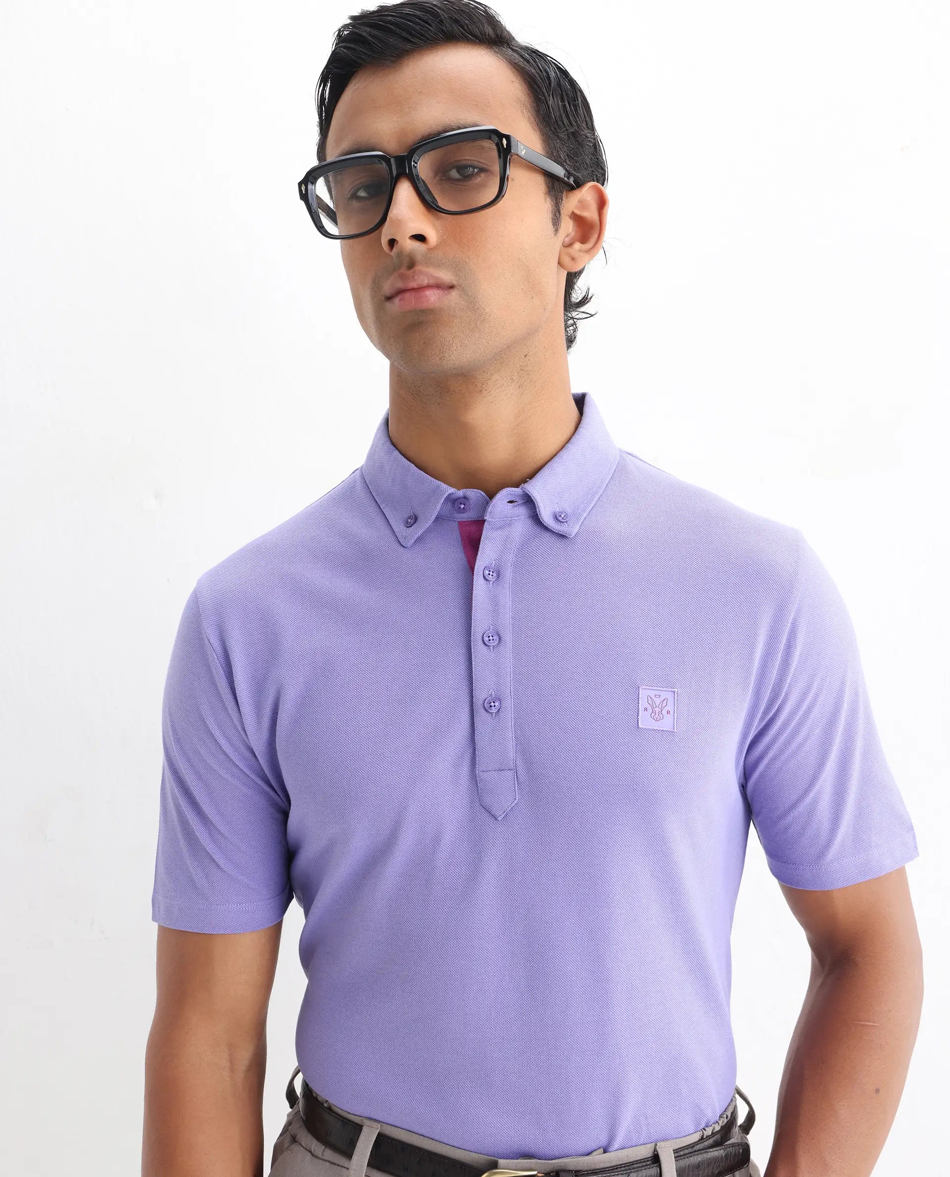 Rare Rabbit Men's Herval Pastel Purple Cotton Plain Regular Fit Half Sleeve Polo