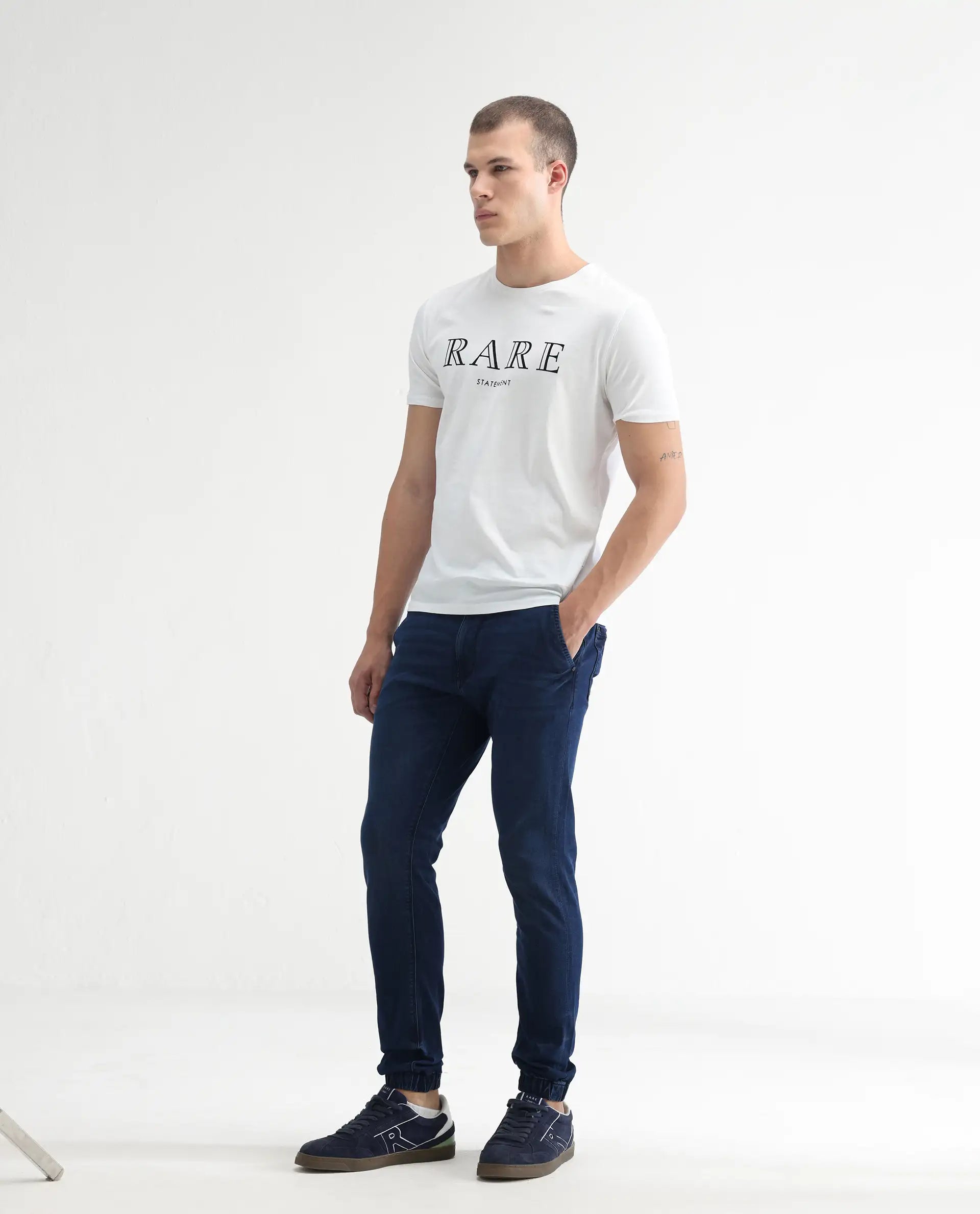 Rare Rabbit Men's Higg Blue Cotton Plain Hawk Slim Fit Jeans