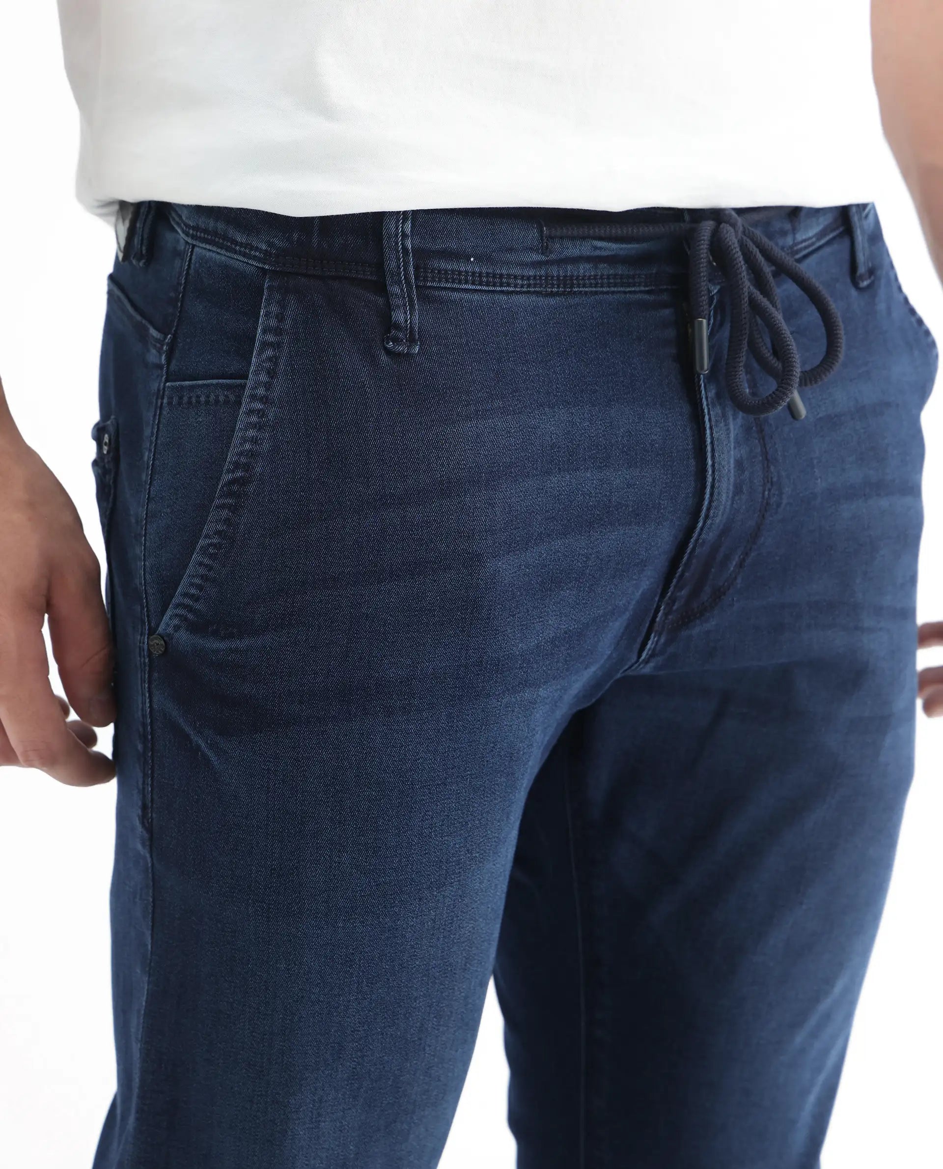 Rare Rabbit Men's Higg Blue Cotton Plain Hawk Slim Fit Jeans