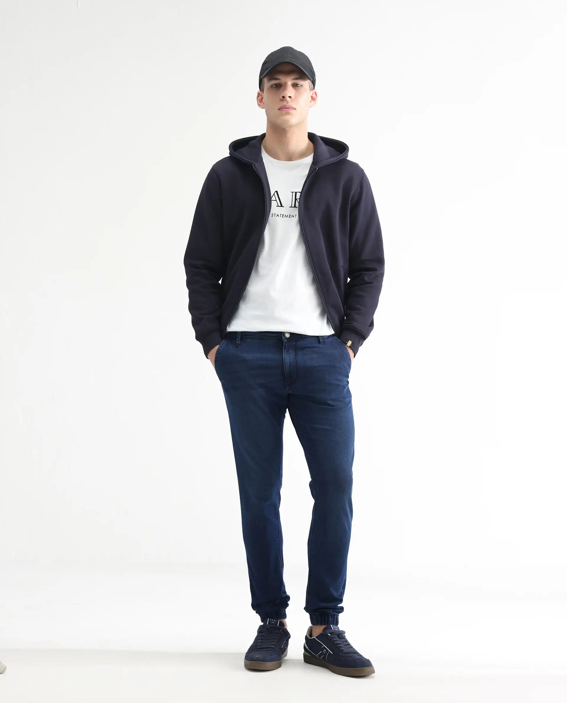 Rare Rabbit Men's Higg Blue Cotton Plain Hawk Slim Fit Jeans