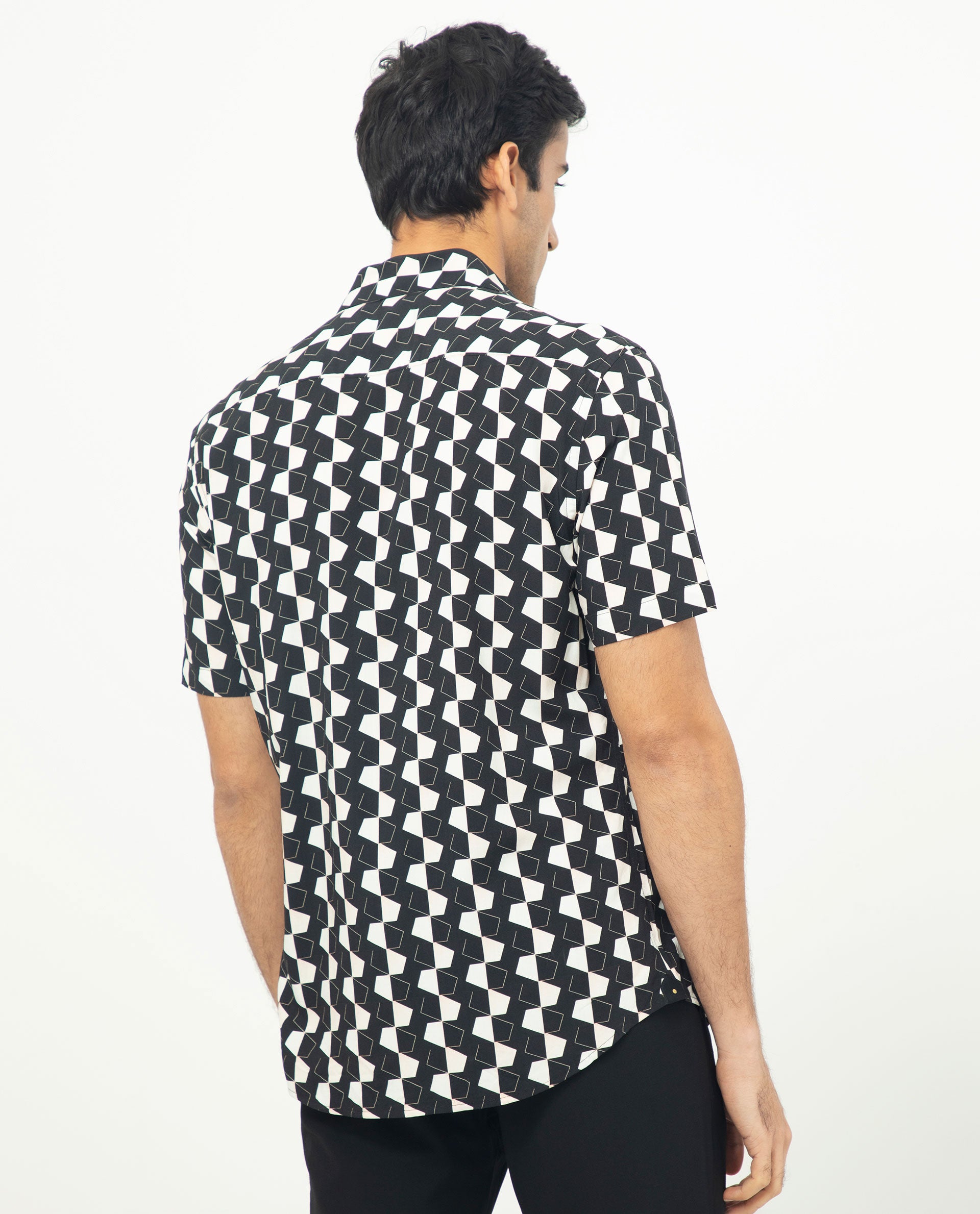 Rare Rabbit Men's Hinge Black Viscose Fabric Geometric Print Half Sleeves Shirt