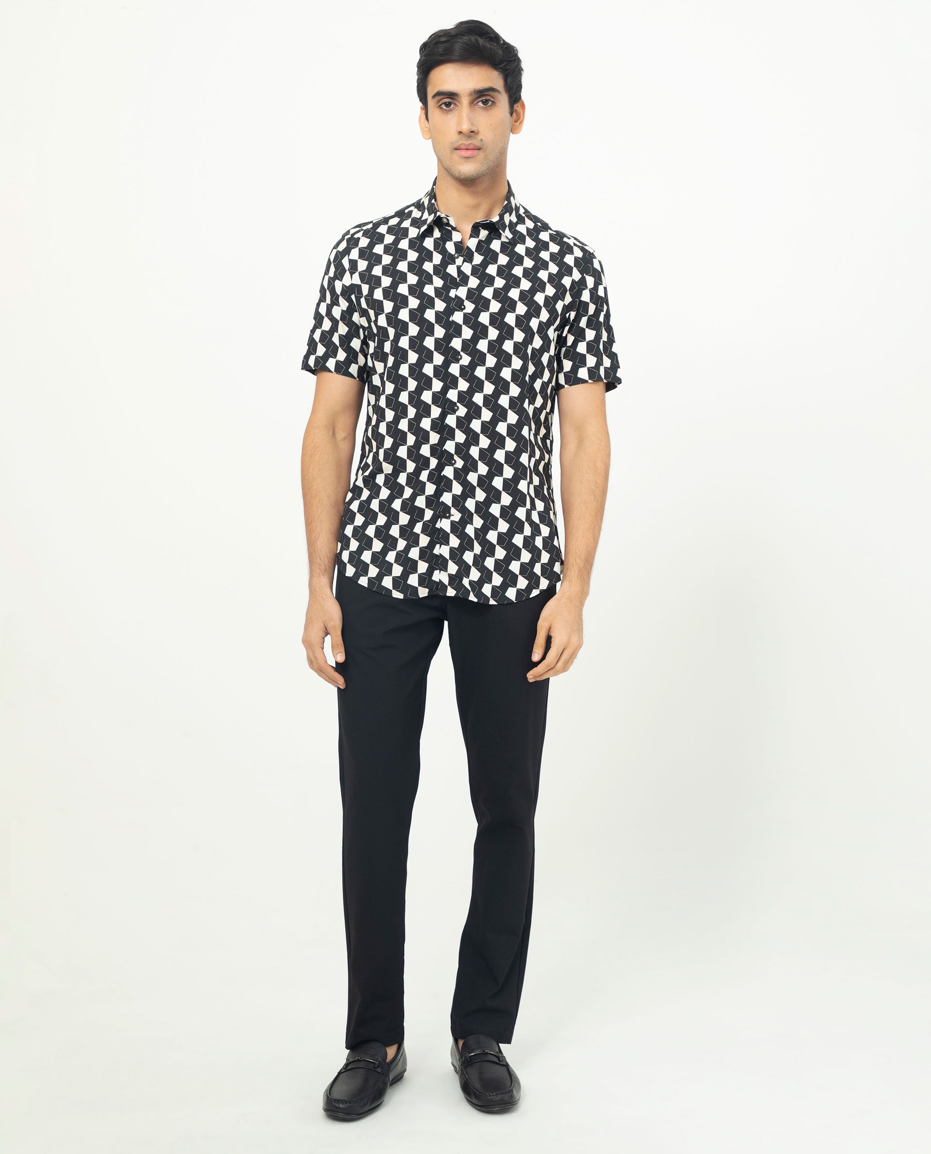Rare Rabbit Men's Hinge Black Viscose Fabric Geometric Print Half Sleeves Shirt