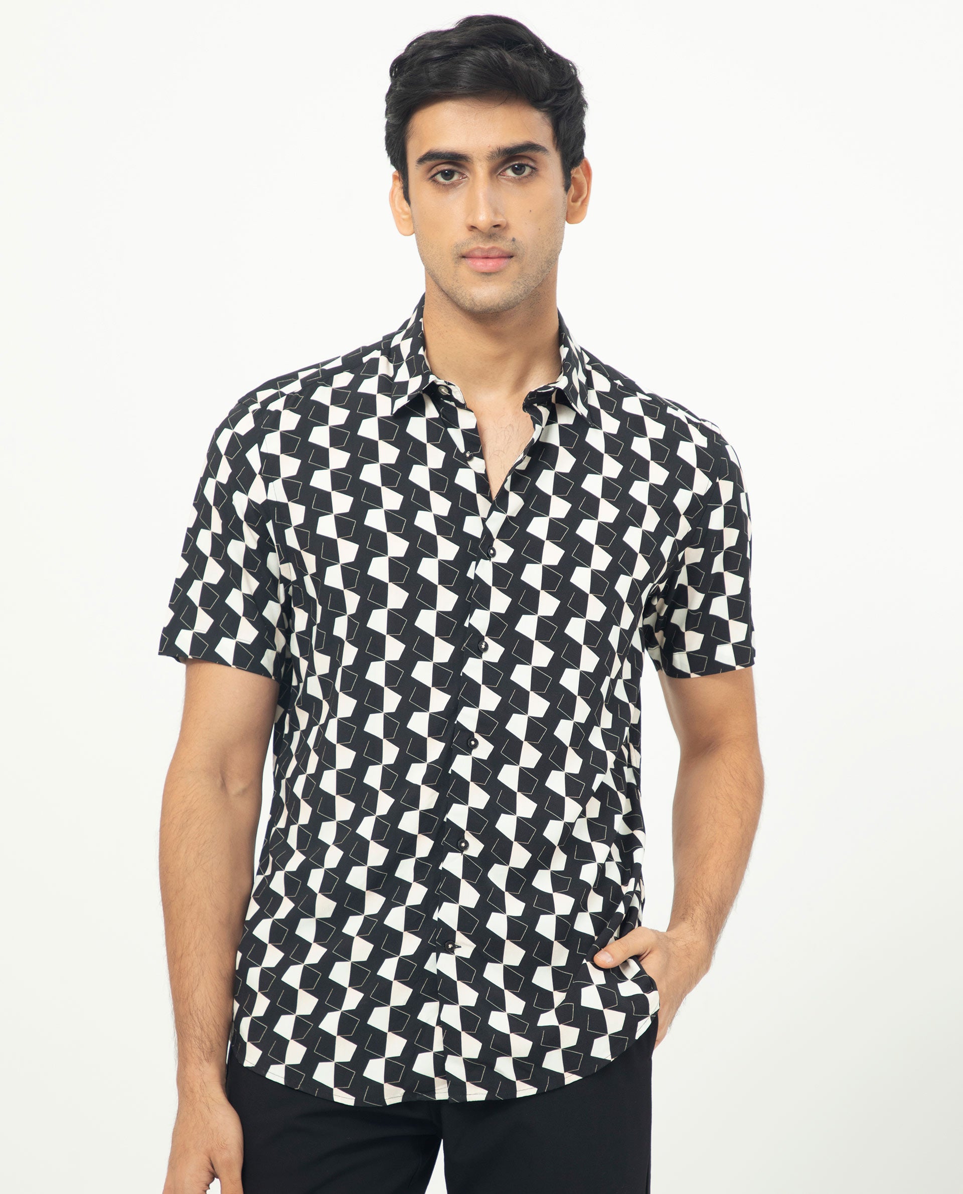 Rare Rabbit Men's Hinge Black Viscose Fabric Geometric Print Half Sleeves Shirt