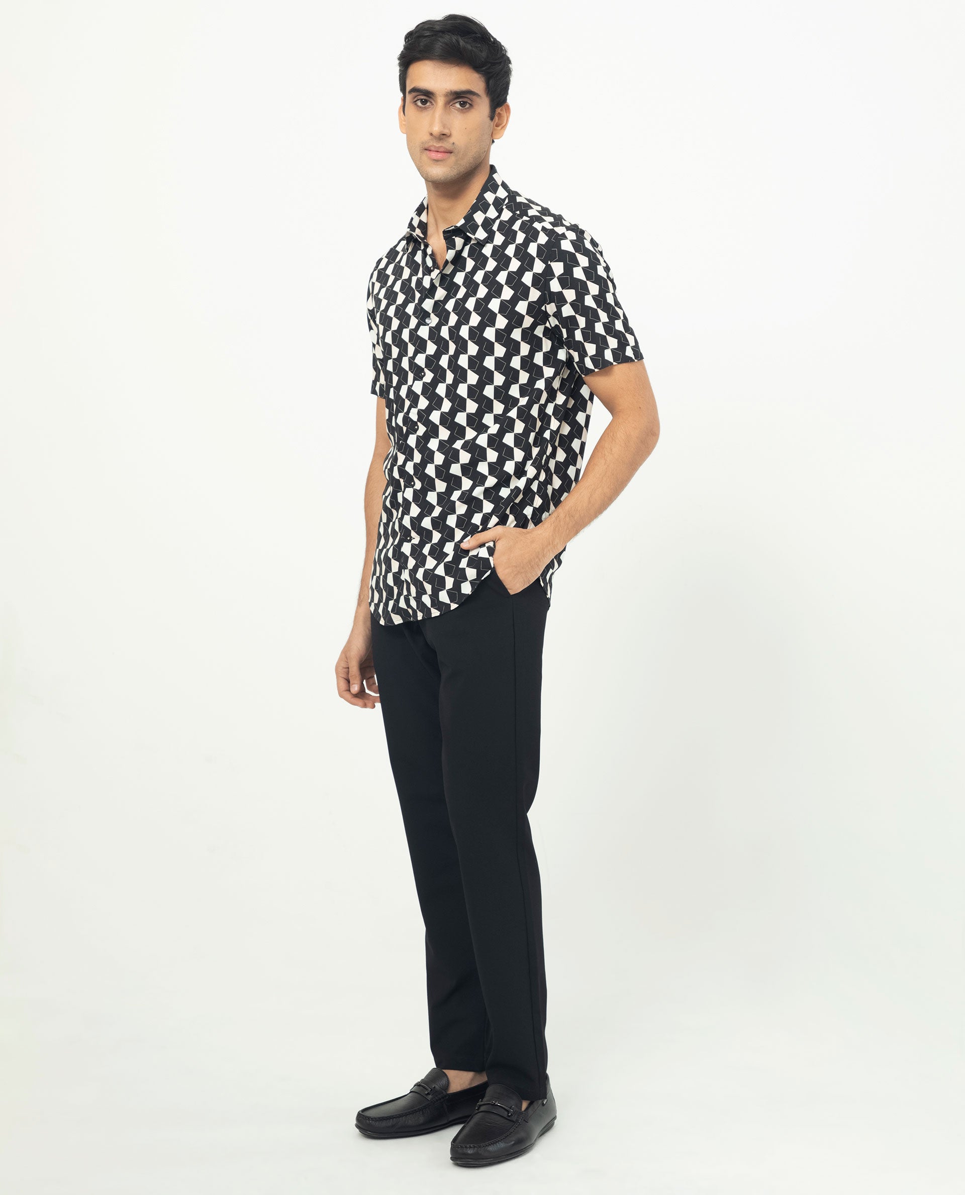 Rare Rabbit Men's Hinge Black Viscose Fabric Geometric Print Half Sleeves Shirt