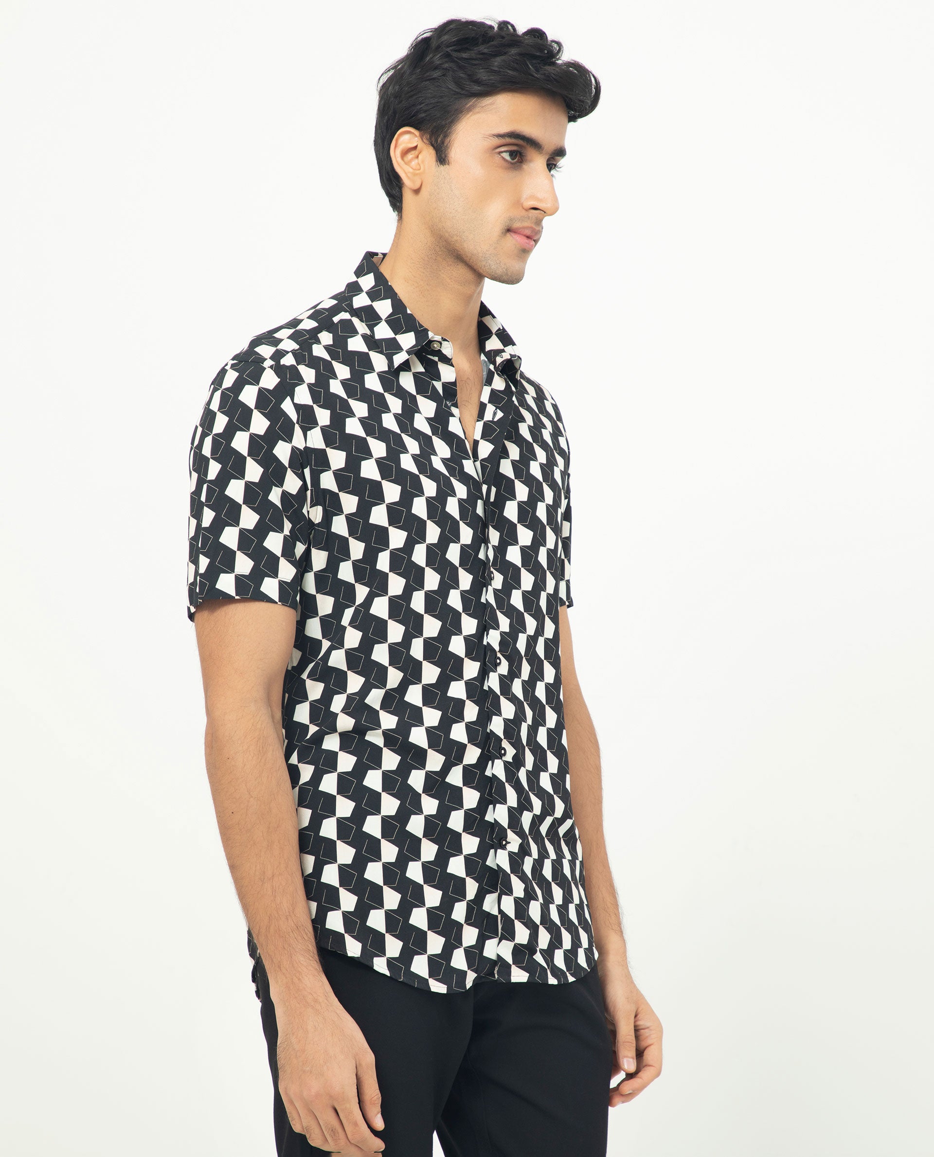 Rare Rabbit Men's Hinge Black Viscose Fabric Geometric Print Half Sleeves Shirt