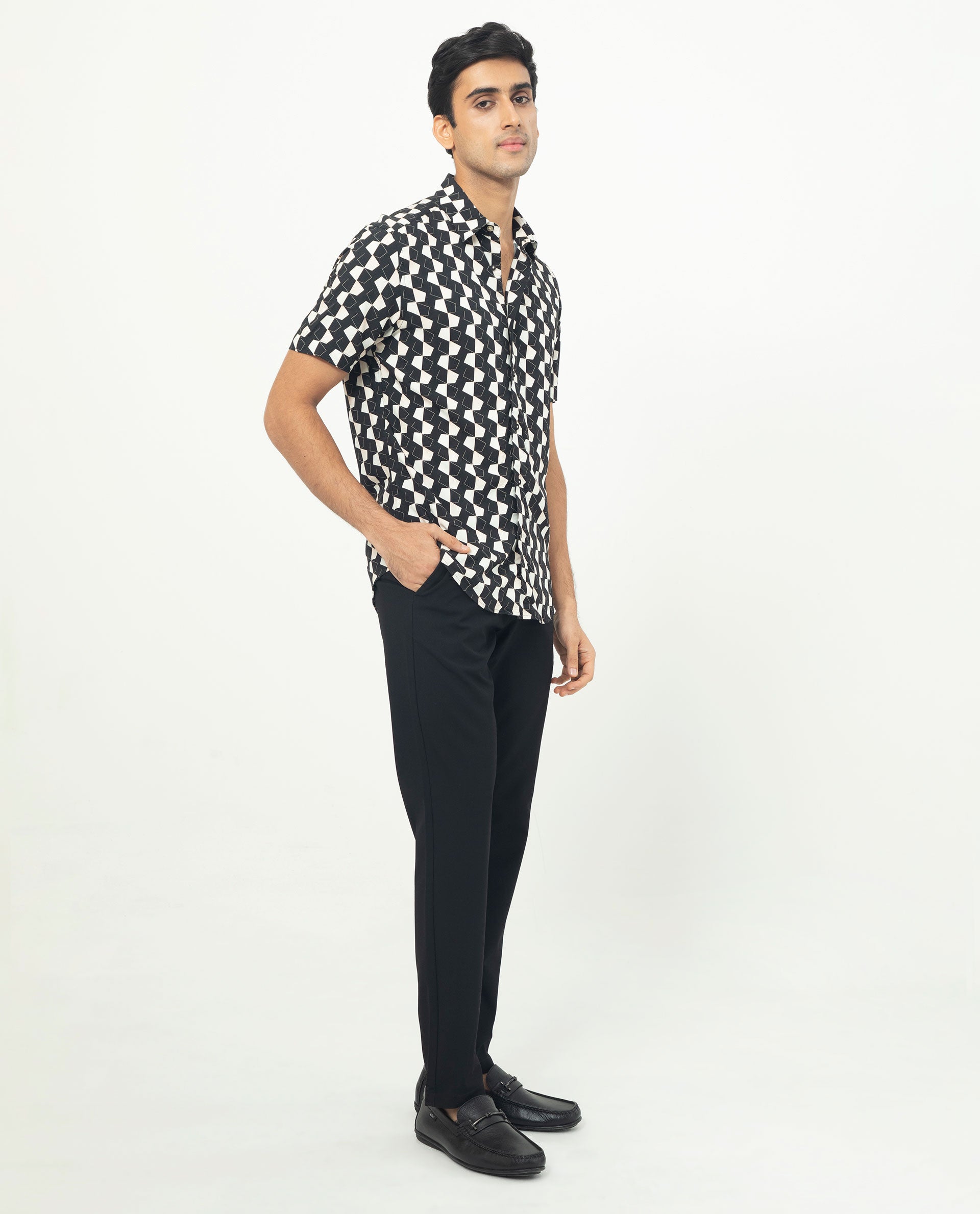 Rare Rabbit Men's Hinge Black Viscose Fabric Geometric Print Half Sleeves Shirt