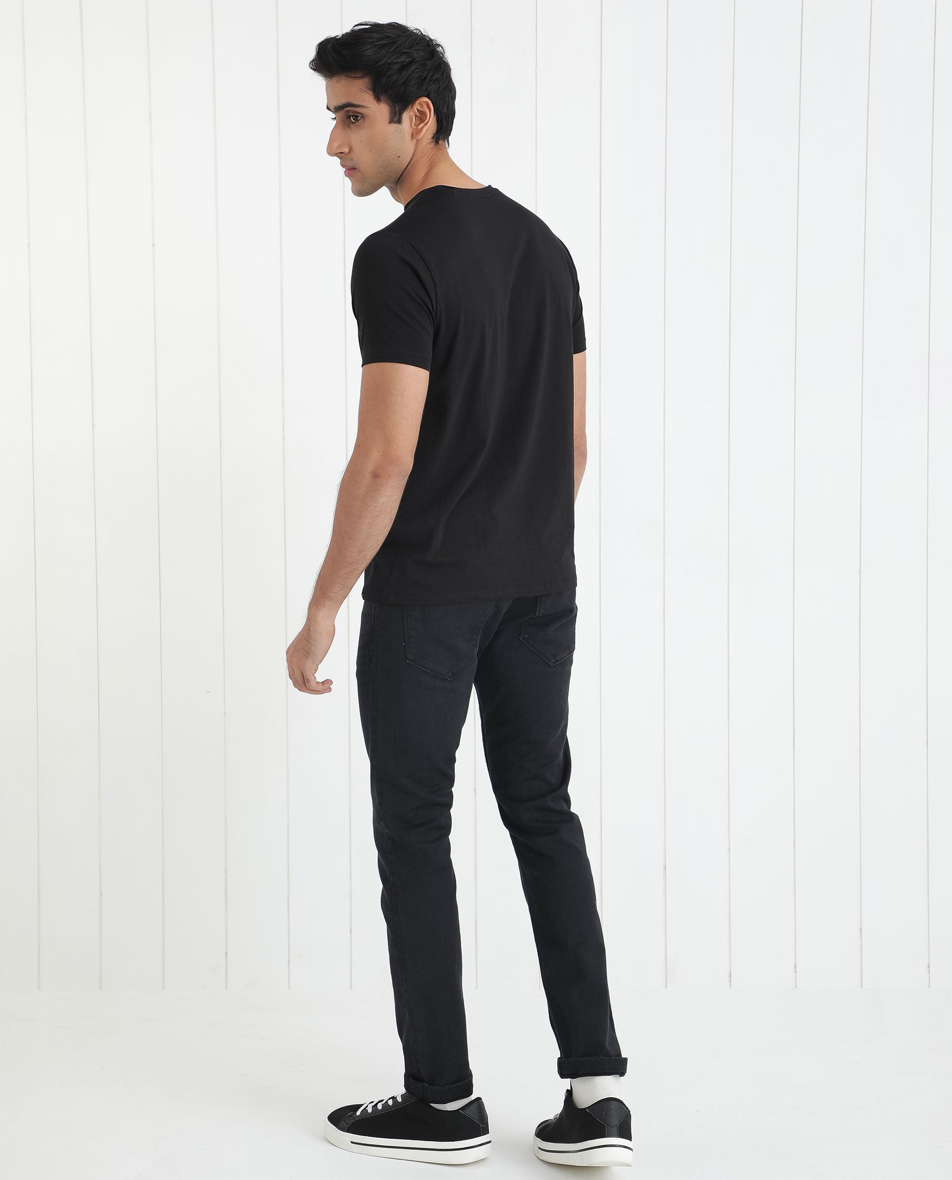 Rare Rabbit Men's Heras Black Crew Neck Foil and Plastisol Overall Branding Half Sleeves Regular Fit T-Shirt