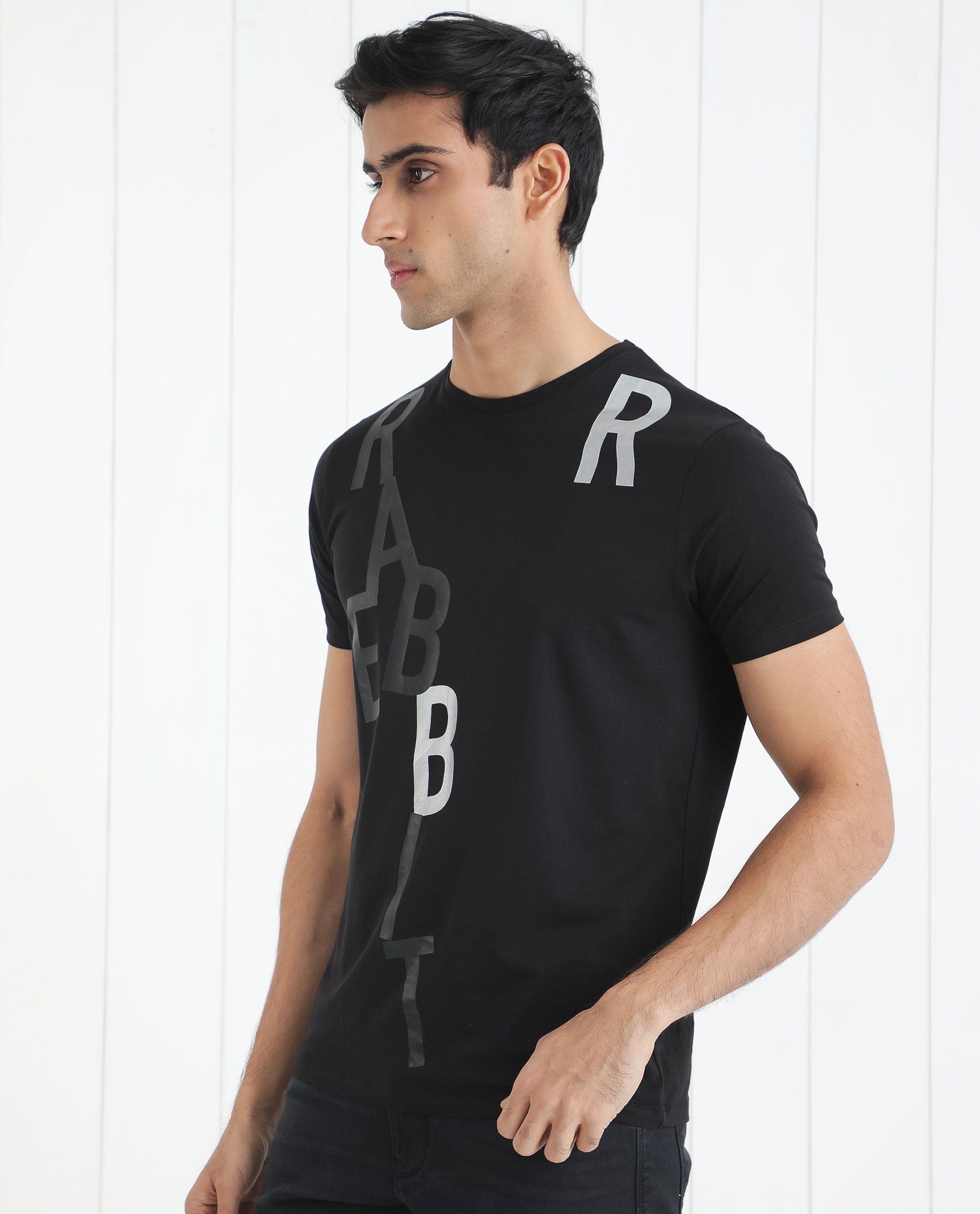 Rare Rabbit Men's Heras Black Crew Neck Foil and Plastisol Overall Branding Half Sleeves Regular Fit T-Shirt