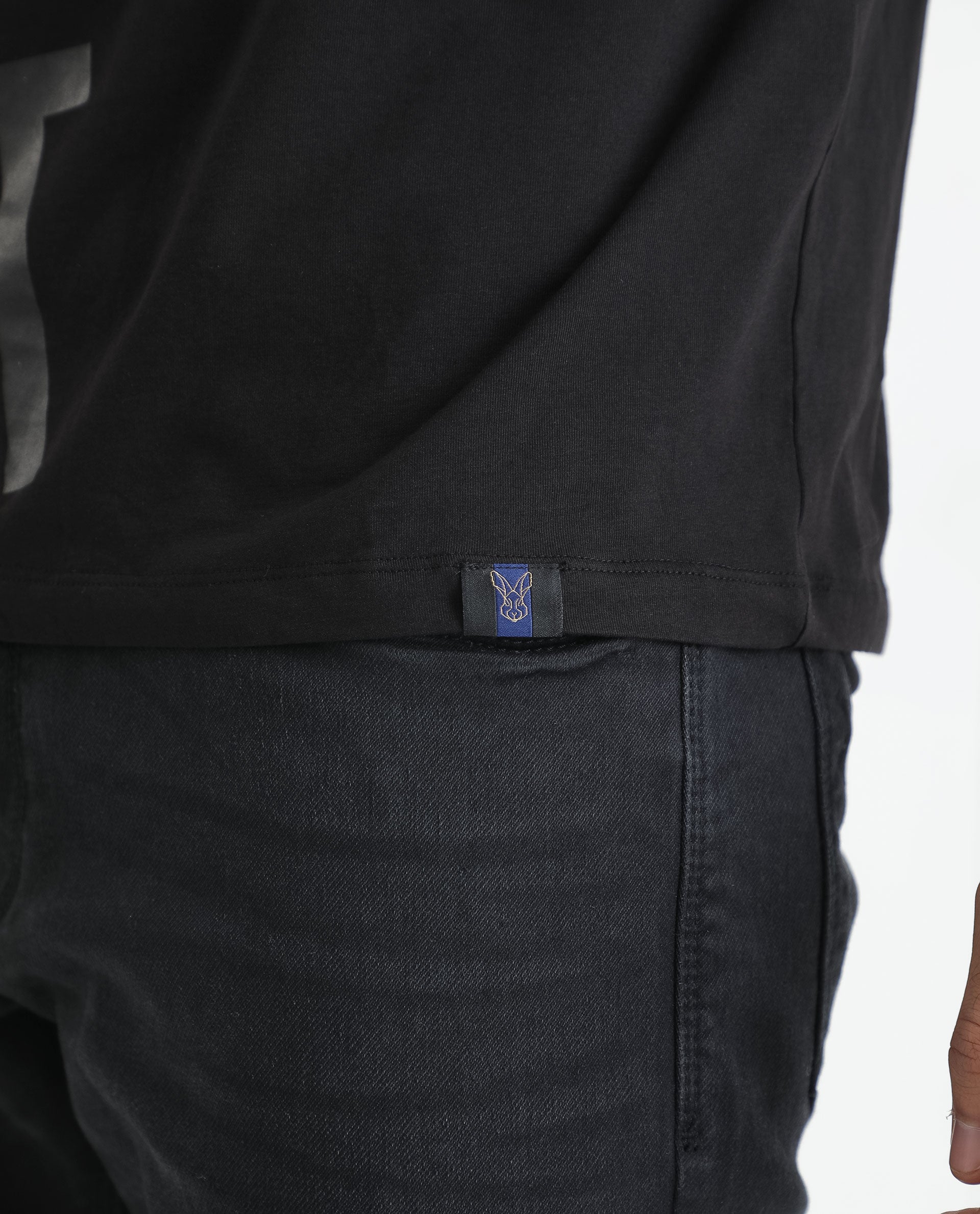 Rare Rabbit Men's Heras Black Crew Neck Foil and Plastisol Overall Branding Half Sleeves Regular Fit T-Shirt