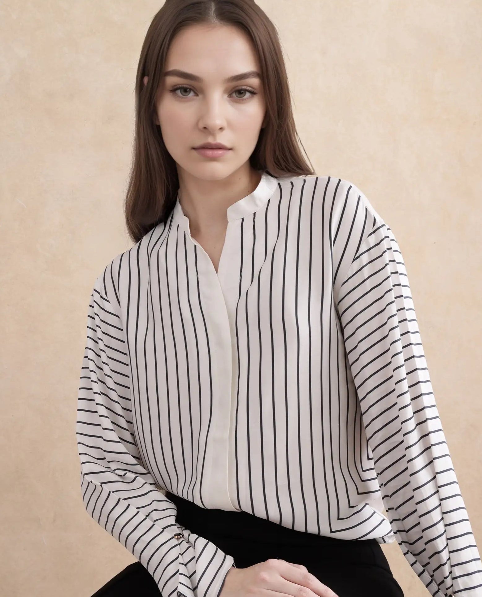 Rareism Women Janlopo Off White Modal Fabric Regular Sleeve Regular Fit Narrow Stripes Top