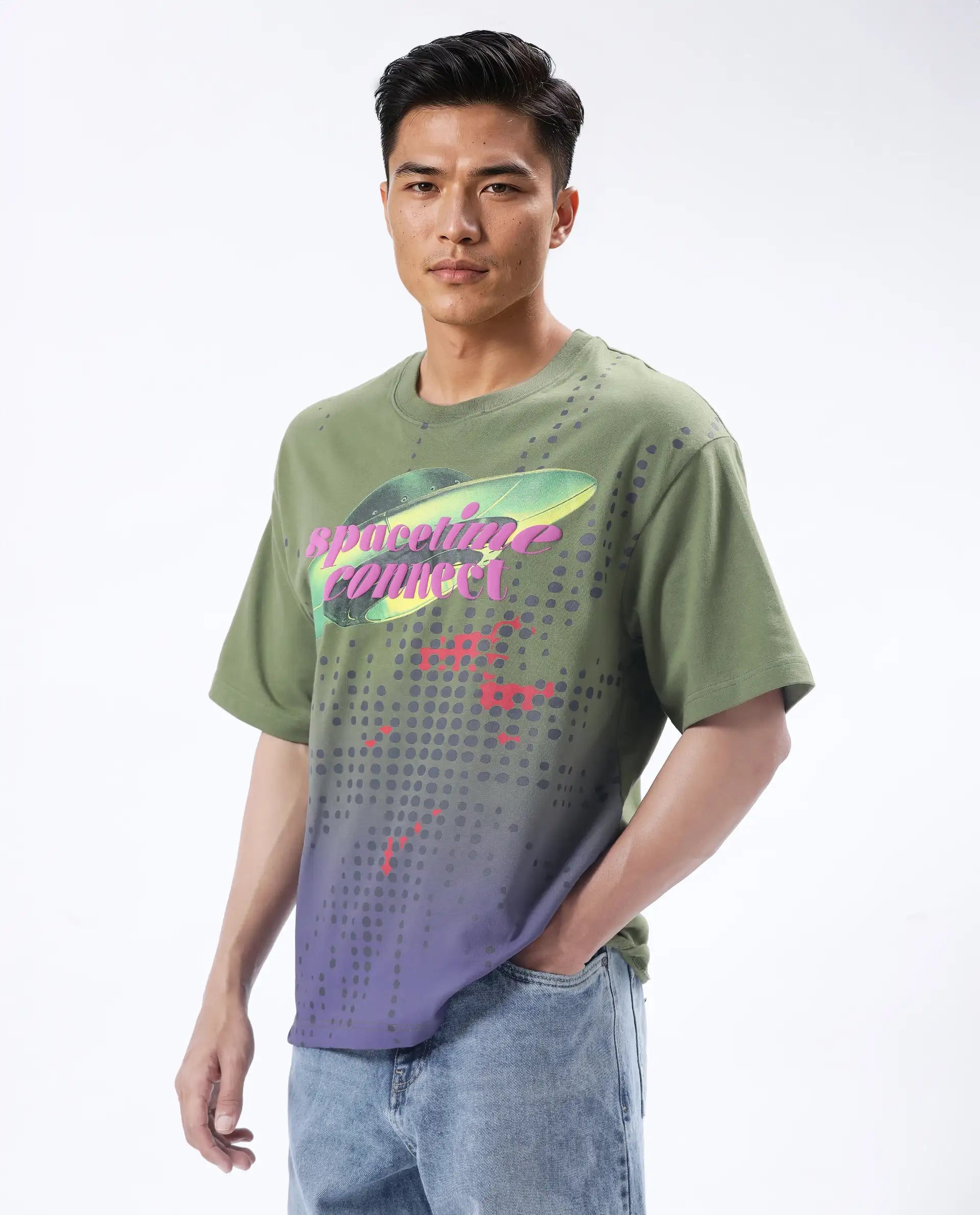 Rare Rabbit Men's Nas Olive Cotton Graphic Print Oversized Fit Half Sleeve Crew Neck T-Shirt