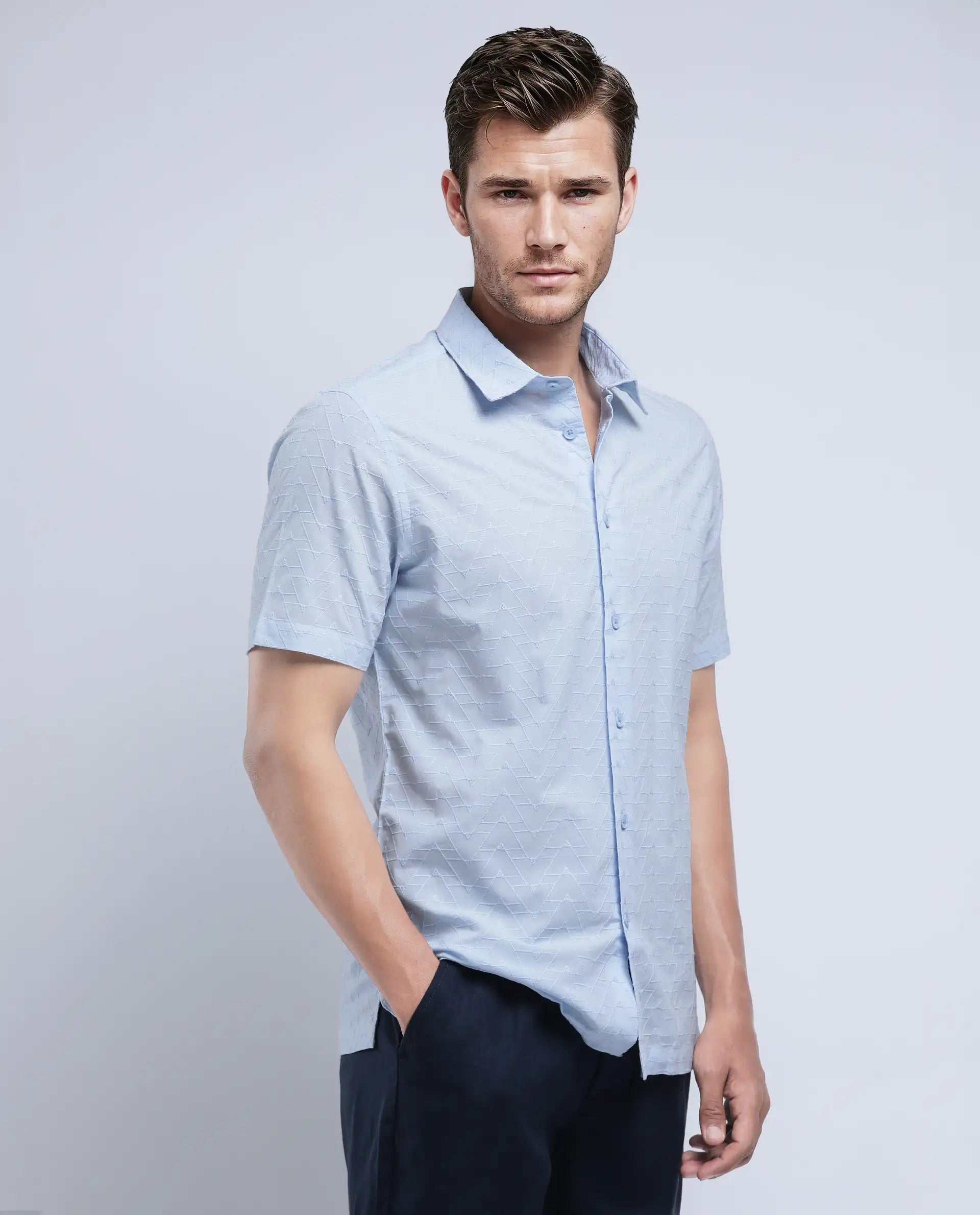 Rare Rabbit Men's Shek Blue Cotton Textured Regular Fit Half Sleeve Collared Shirt