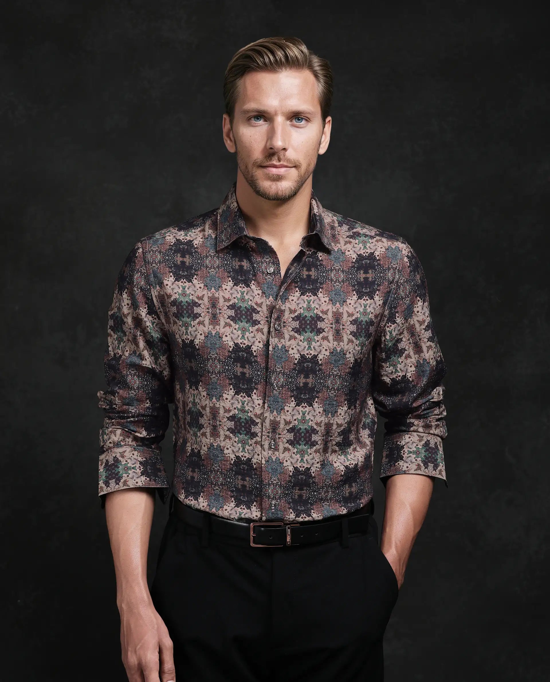 Rare Rabbit Men's Viscose Blend Abstract Print Regular Fit Full Sleeve Collared Shirt