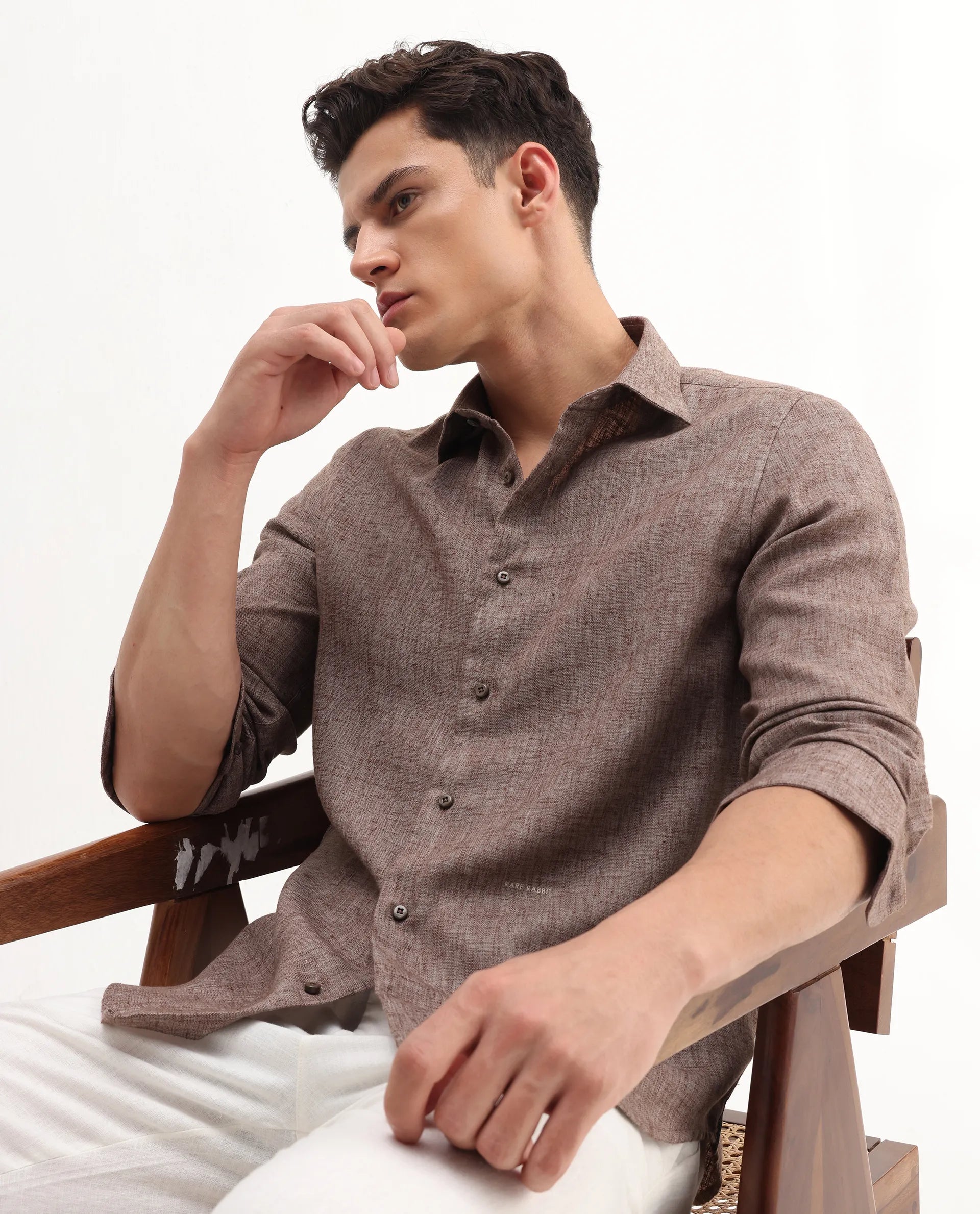 Rare Rabbit Men's Rome-Fs Dusky Brown Polyester Plain Regular Fit Full Sleeve Collared Shirt