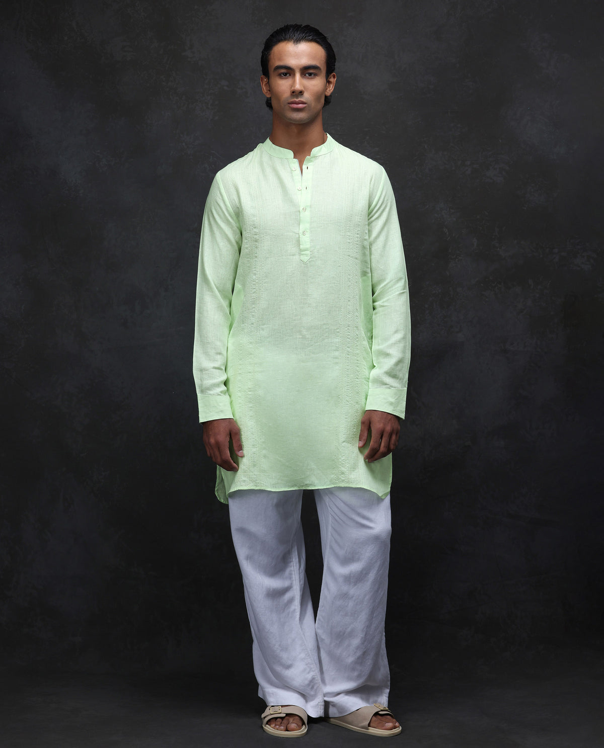 Rare Rabbit Men's President Lime 100% Linen Plain Regular Fit Full Sleeve Mandarin Collar Kurta