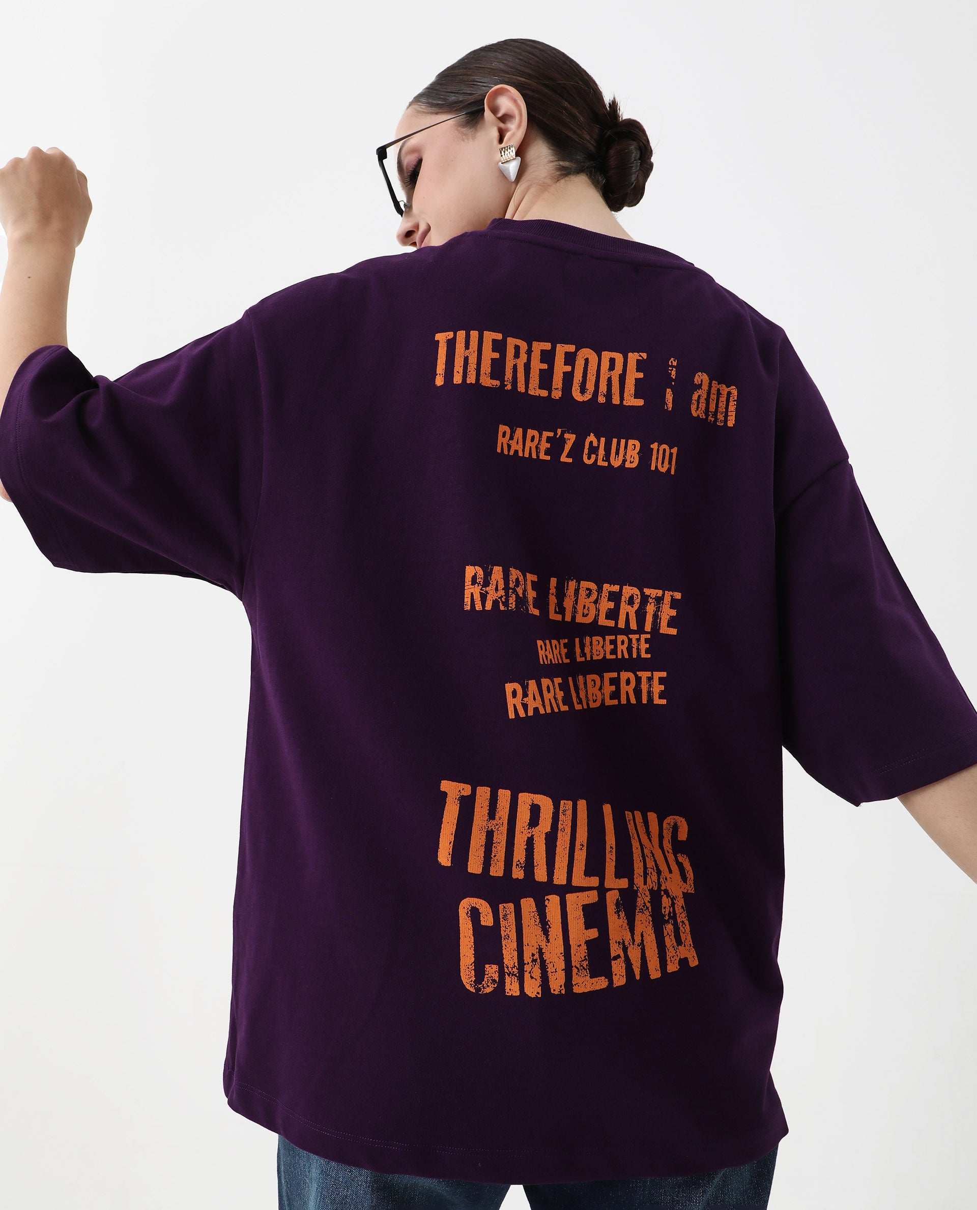 Rareism Women's Morsh Purple Cotton Graphic Print Oversized T-Shirt