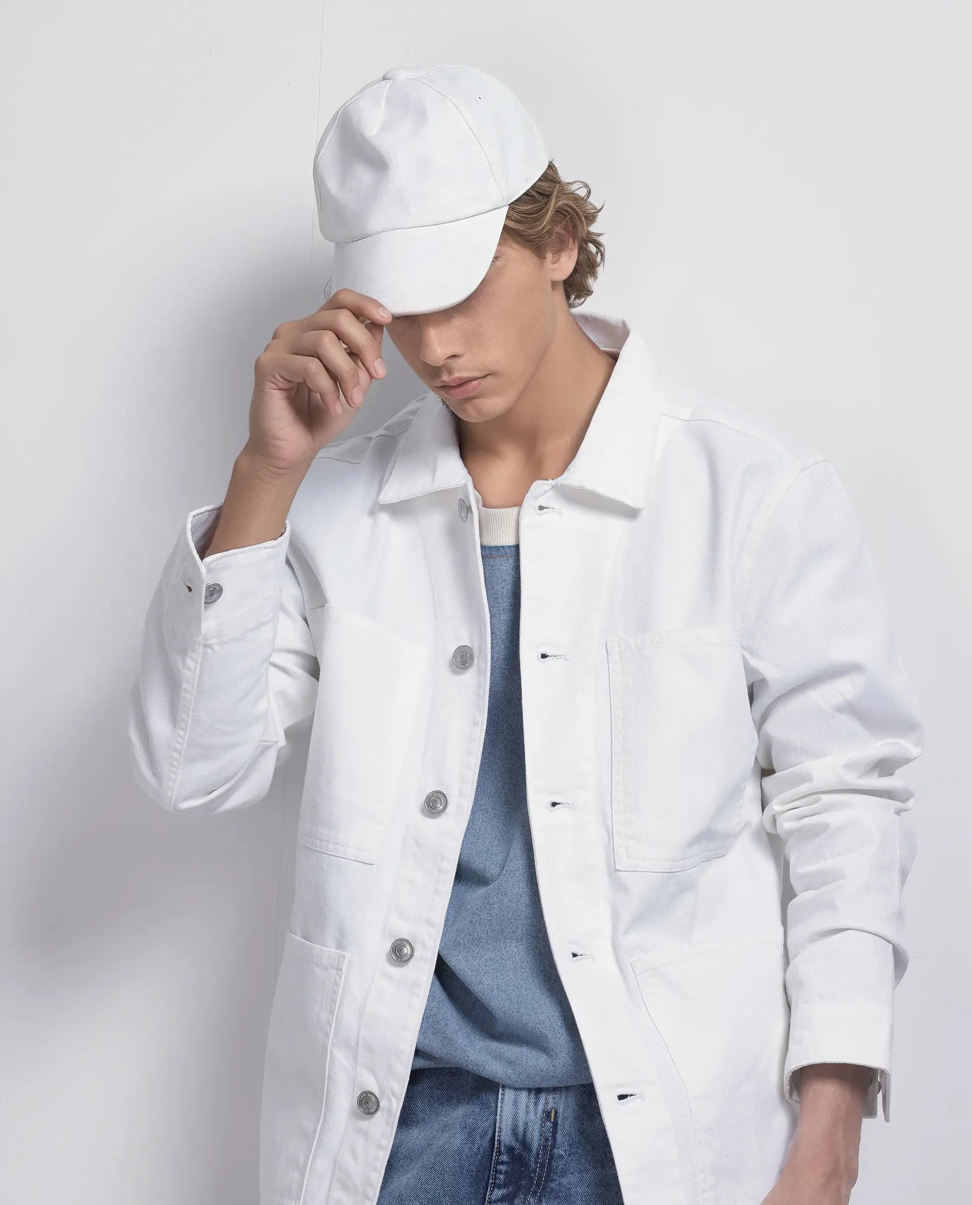 Rare Rabbit Men Brond White Cotton Fabric Full Sleeves Collared Neck Zipper Closure Plain Jacket