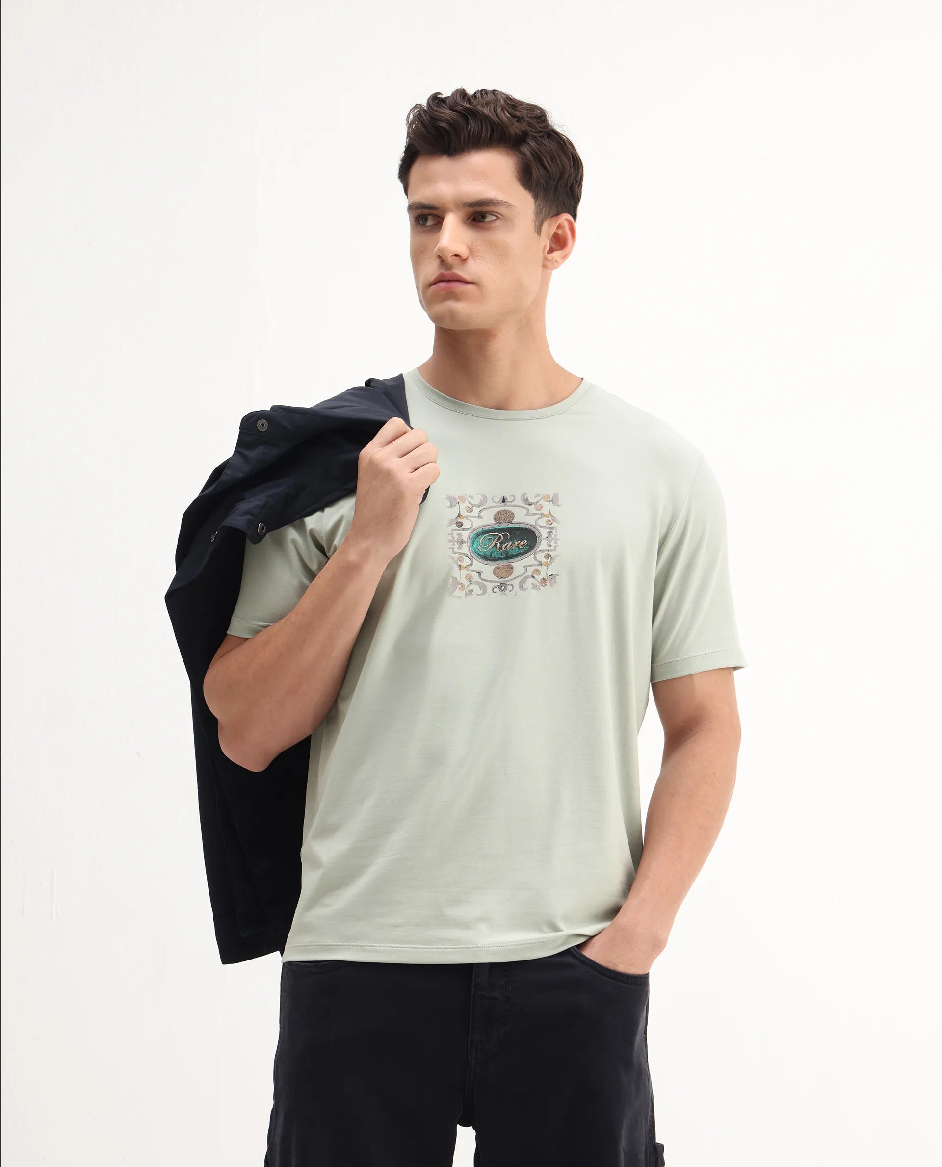 Rare Rabbit Men's Tain Pastel Green Cotton Blend Graphic Print Regular Fit Half Sleeve Crew Neck T-Shirt