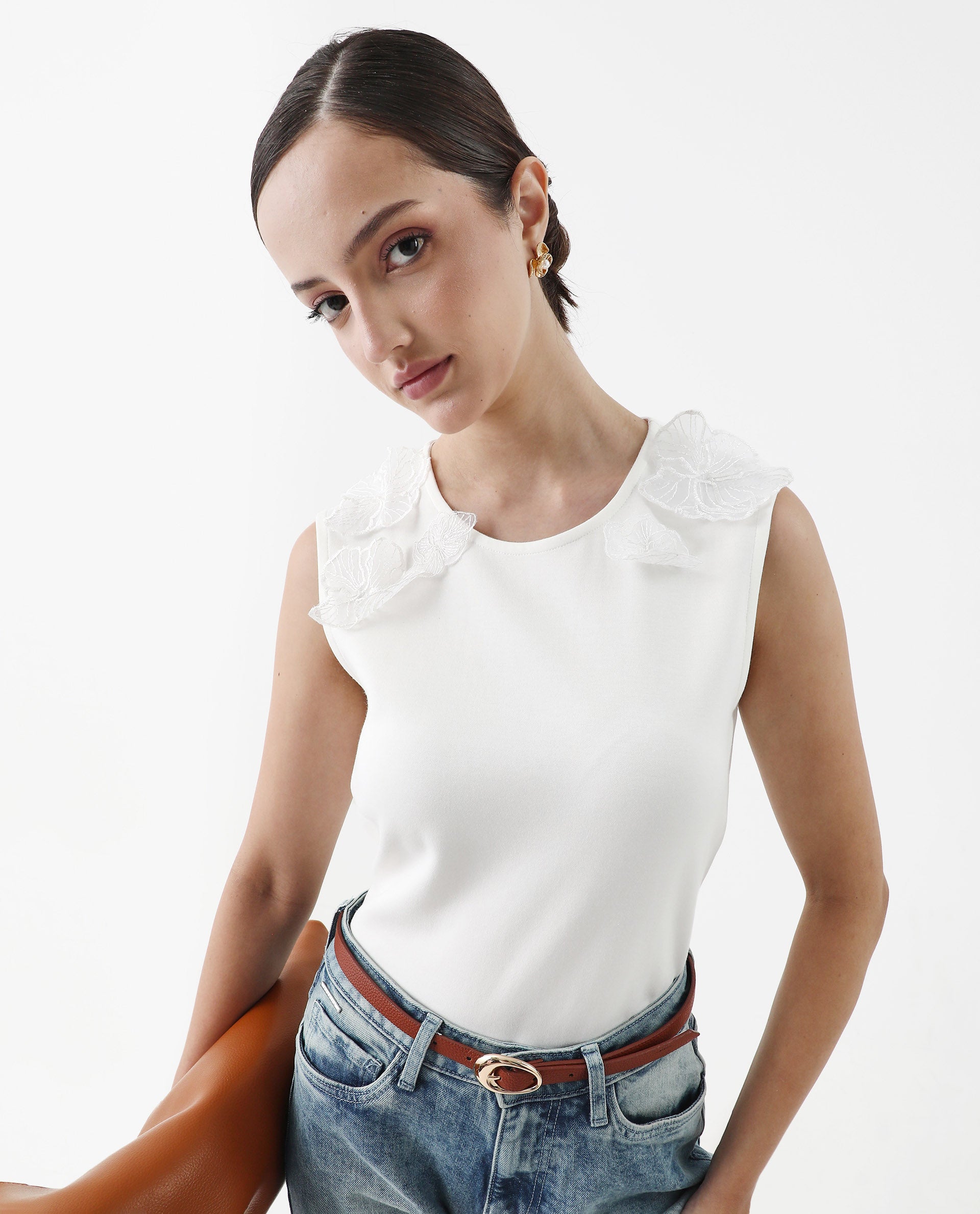 Rareism Women's Janbed Off White Cotton Blend Round Neck Plain Sleeveless Regular Fit T-Shirt