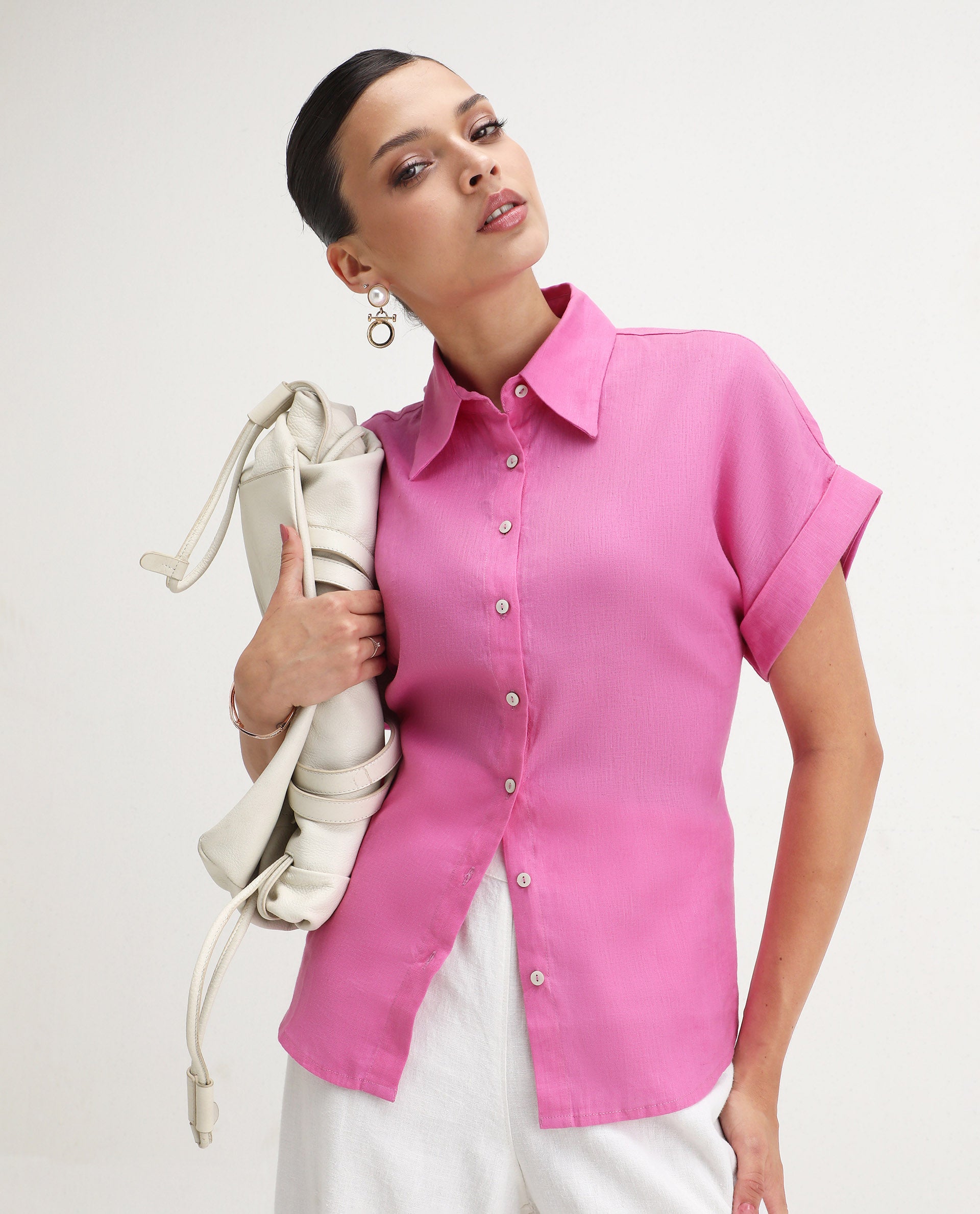 Rareism Women's Venezuela Light Pink Cotton Blend Drop Collar Plain Extended Sleeves Relaxed Fit Shirt