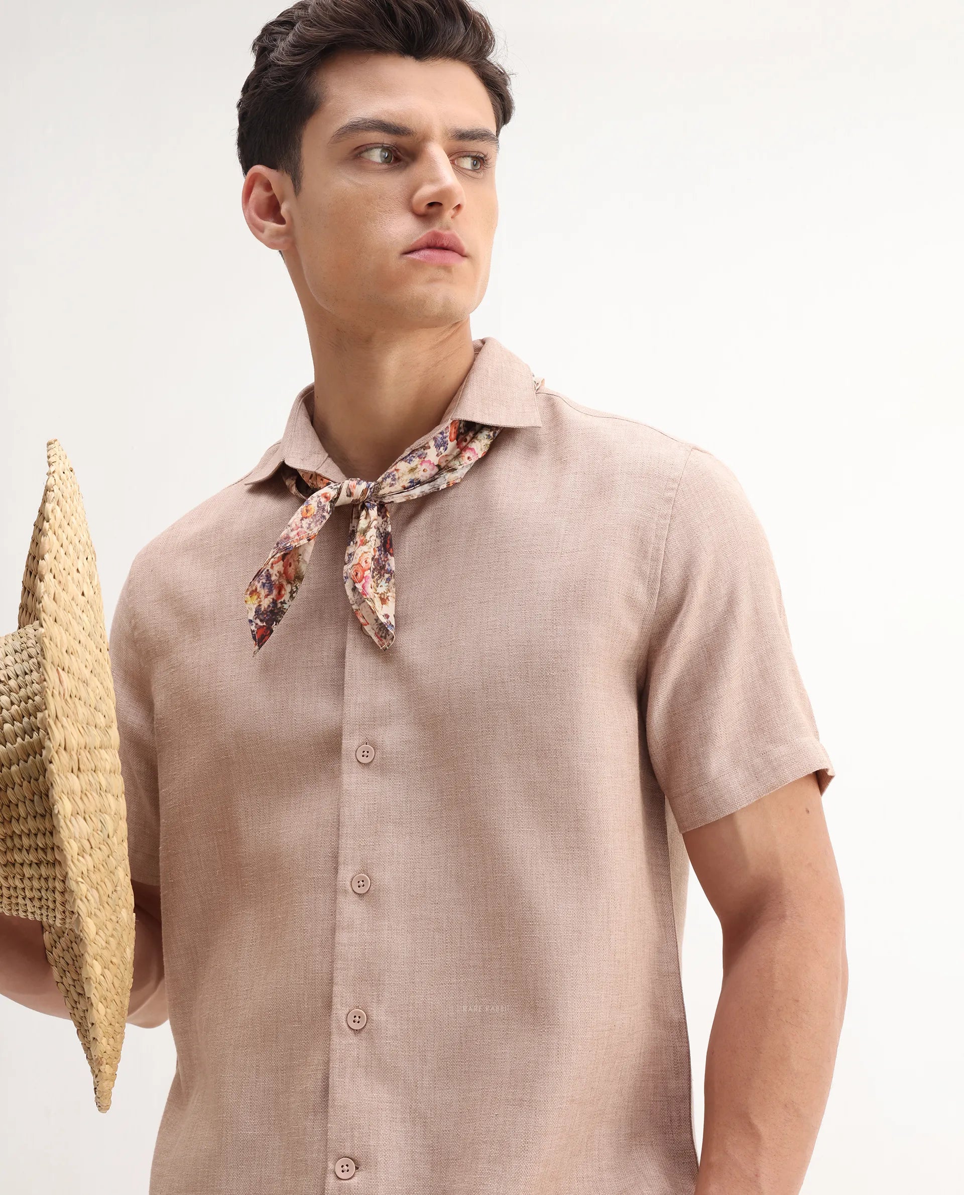 Rare Rabbit Men's Rome-Ss Dusky Rust Polyester Plain Regular Fit Half Sleeve Collared Shirt