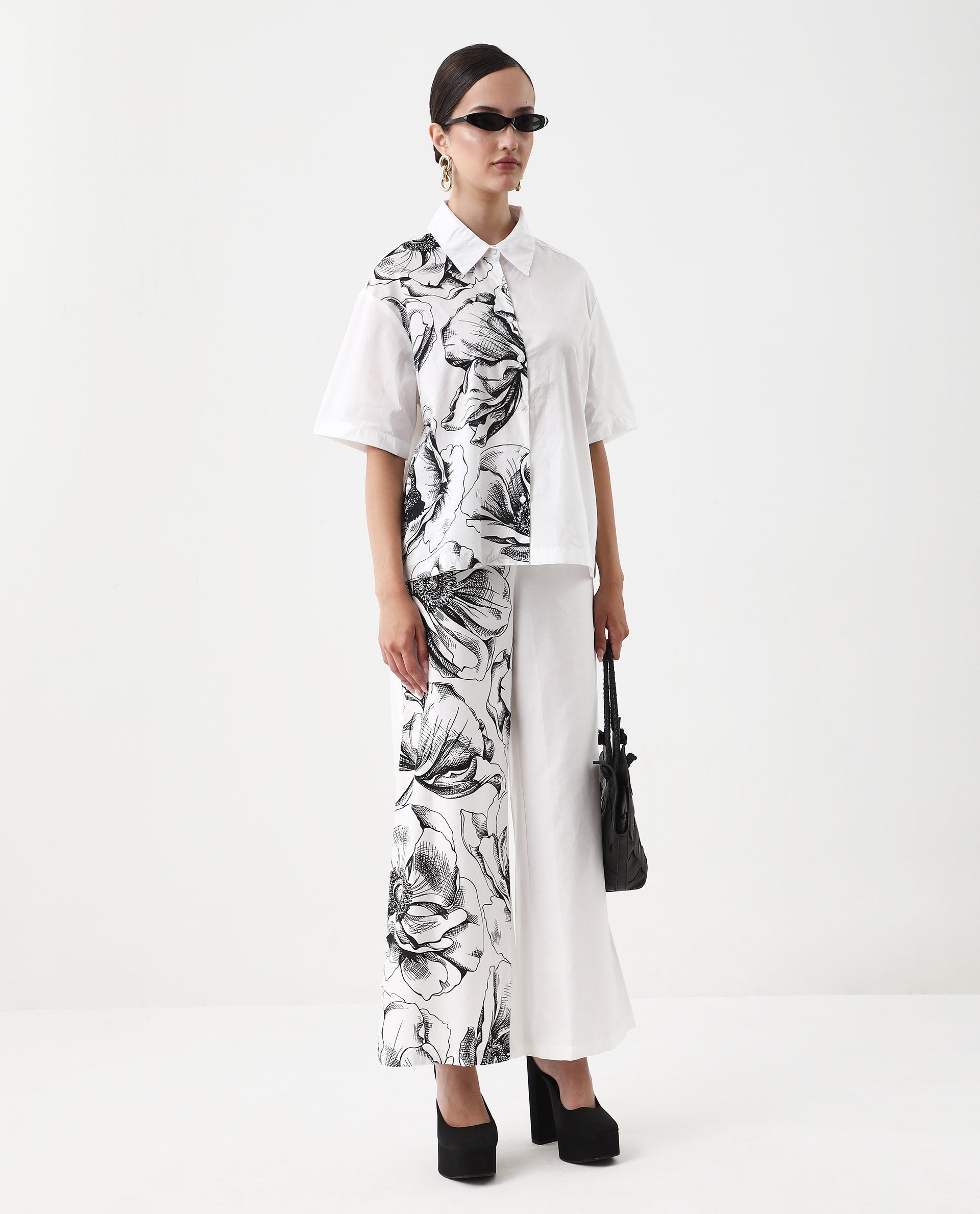 Rareism Women's Byvul White Cotton Spread Collar Floral Print Boxy Fit Shirt