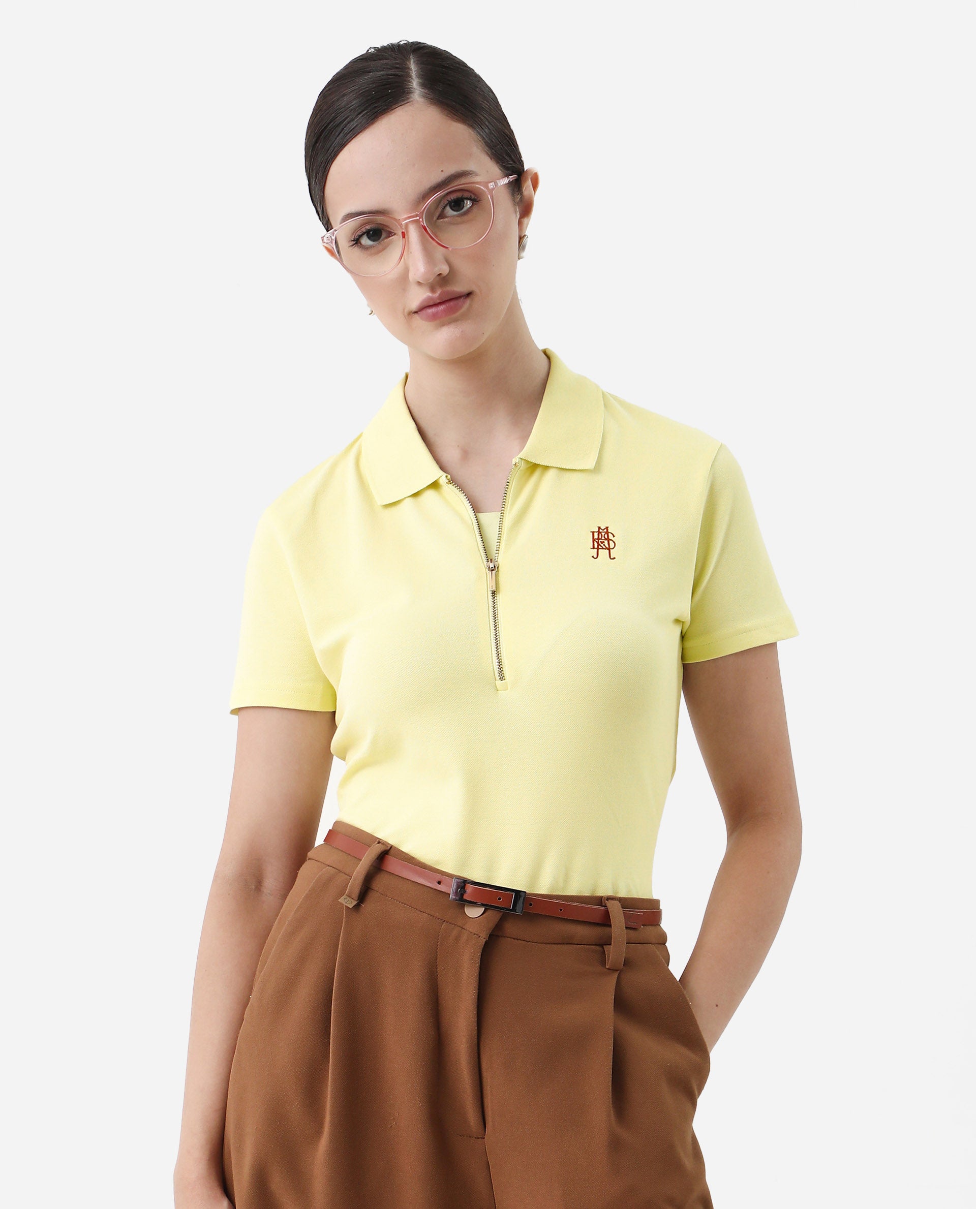 Rareism Women's Laken Pastel Green Cotton Blend Polo Neck Plain Regular Fit Polo