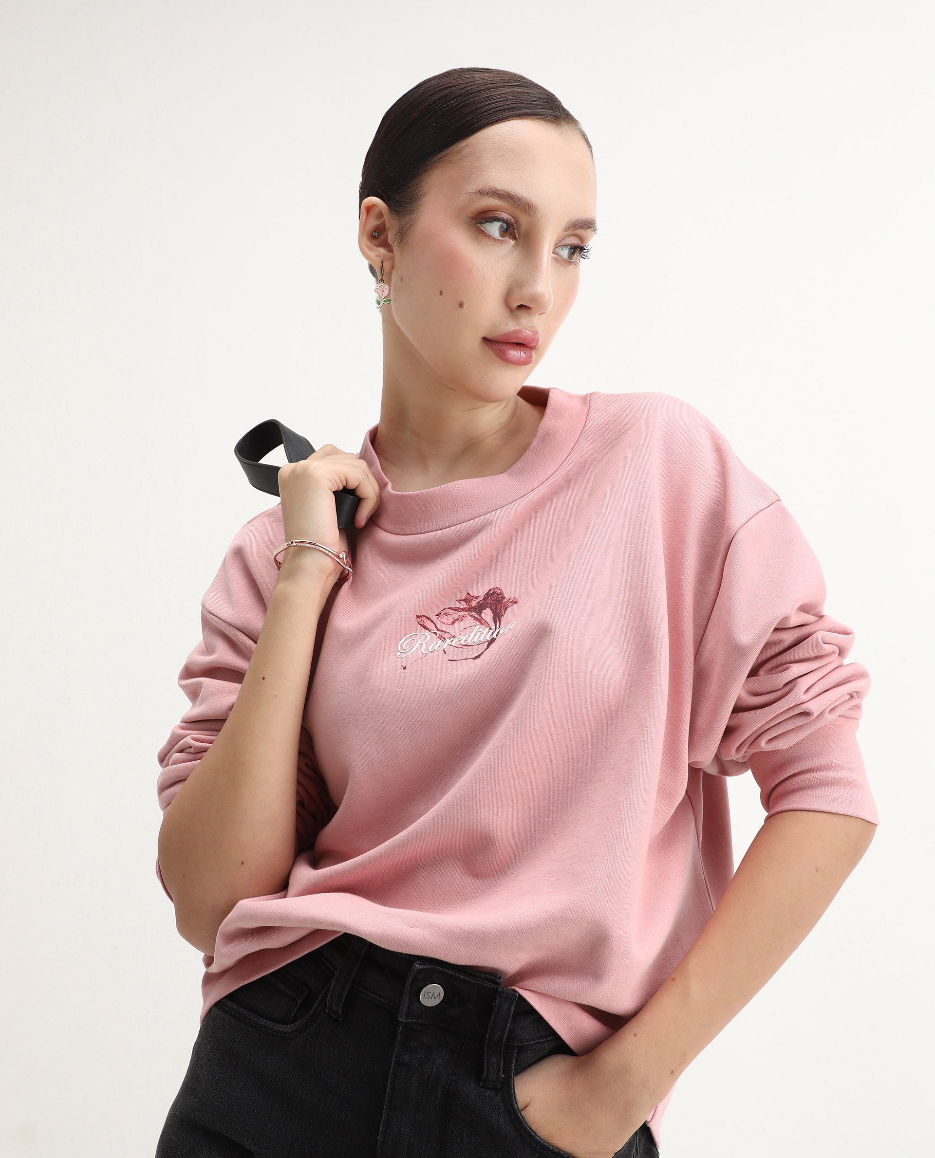 Rareism Women's Naq Light Pink Cotton Blend Crew Neck Relaxed Fit Graphic Print Sweatshirt