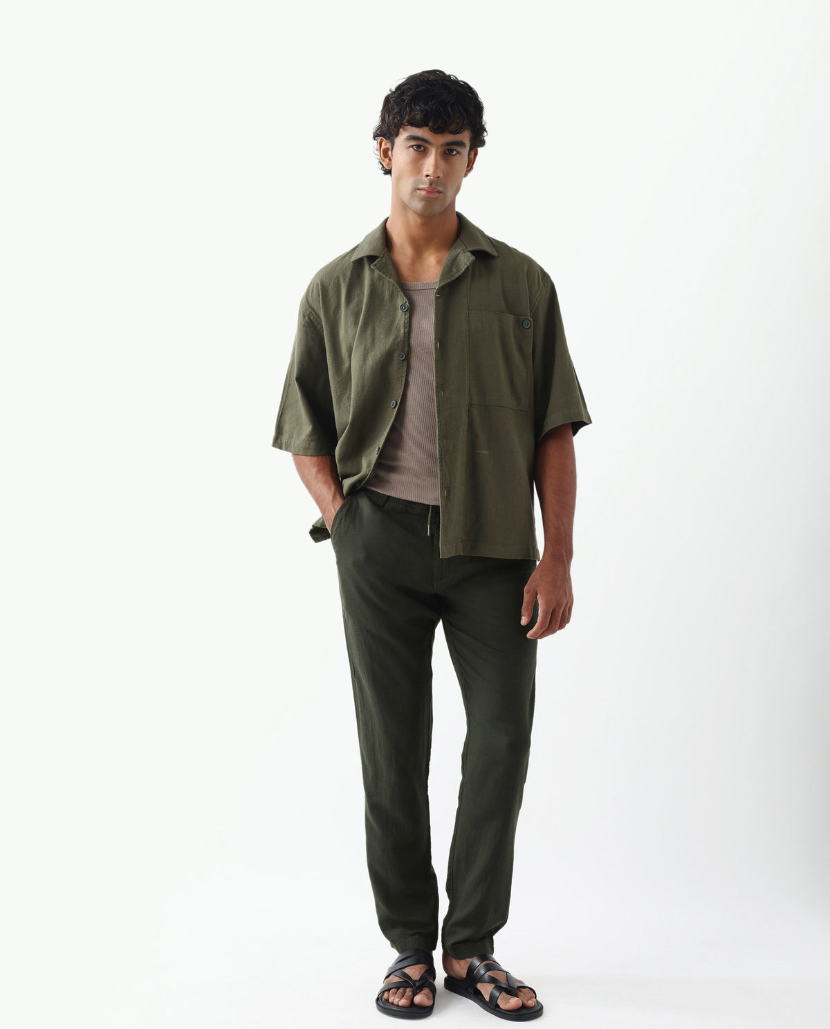 Rare Rabbit Men's Pastor Olive Linen Blend Plain Regular Fit Trouser