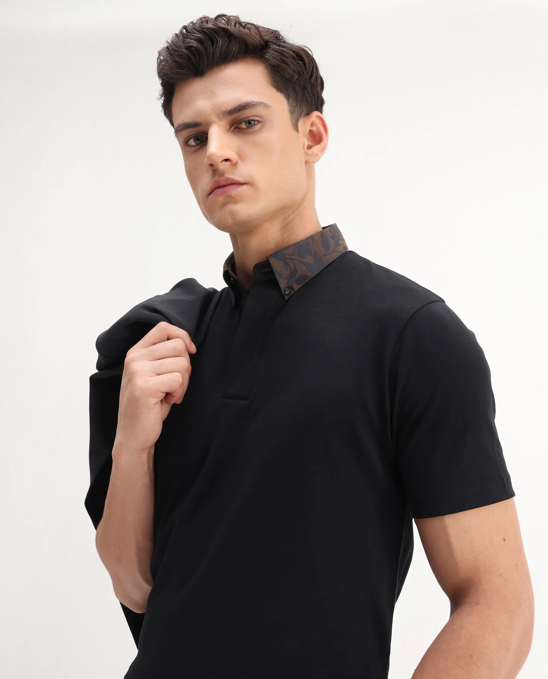 Rare Rabbit Men's Ringer-A25 Black Cotton Plain Regular Fit Half Sleeve Polo