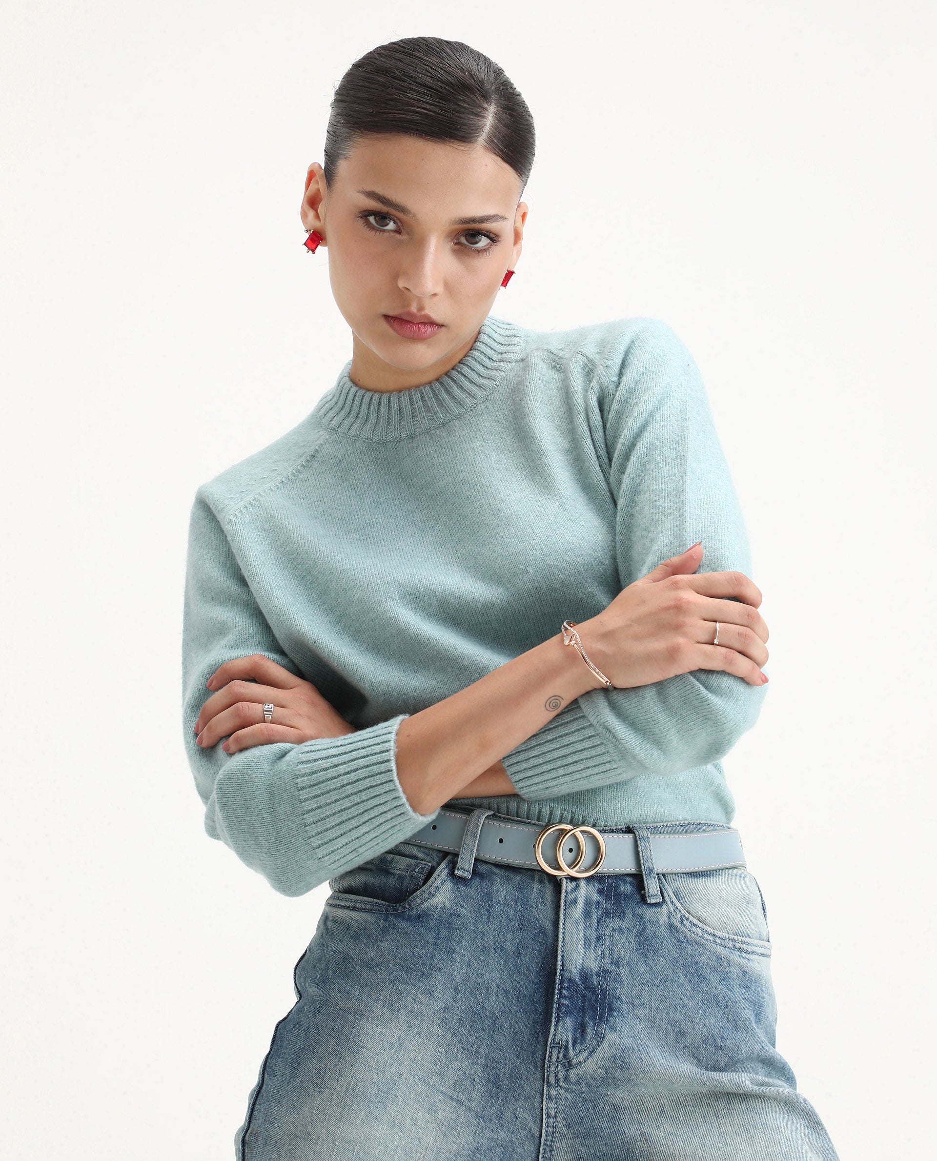 Rareism Women's Mitsu Light Blue Acrylic Blend Crew Neck Relaxed Fit Sweater