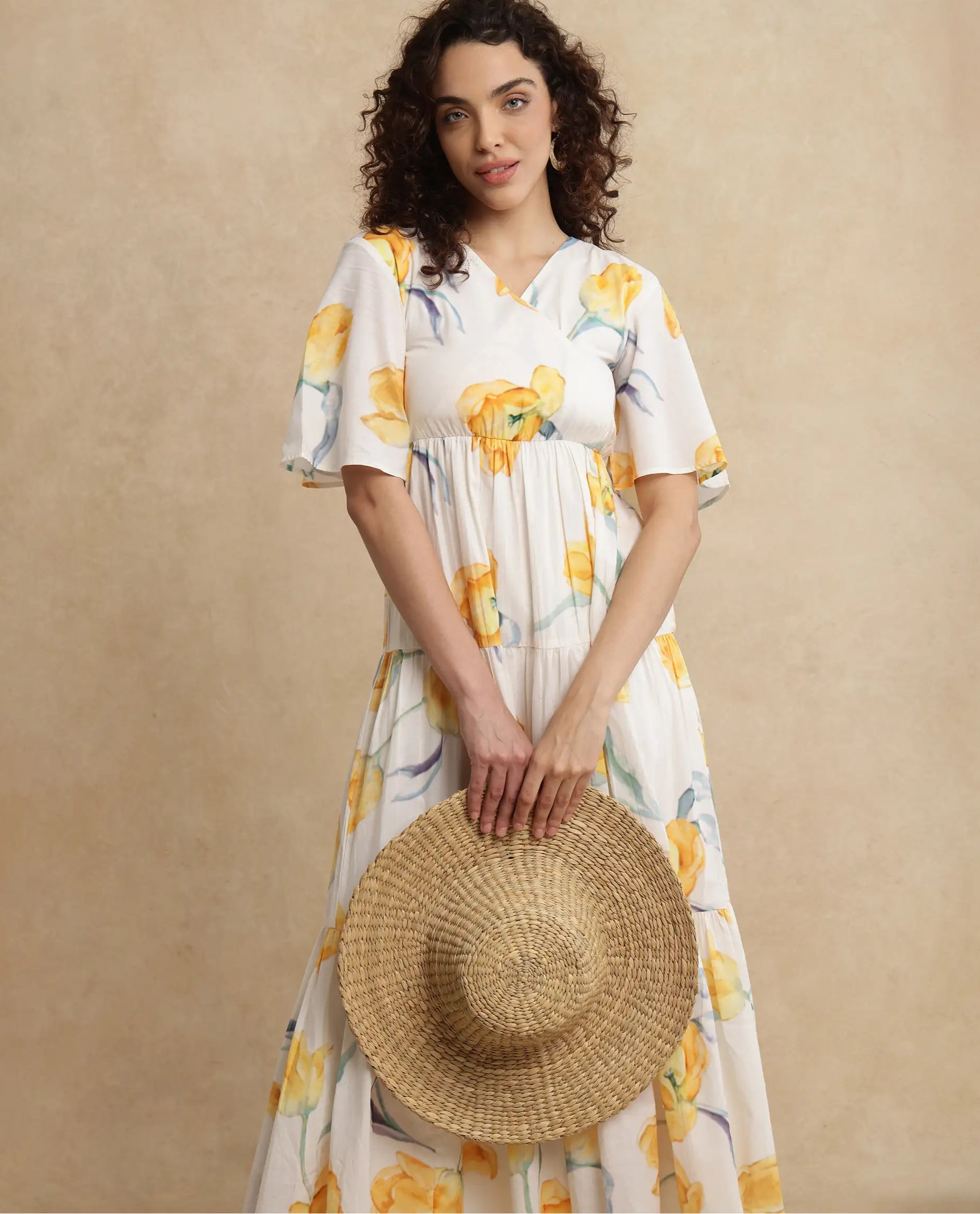 Rareism Women's Janpa Off White Cotton Fabric Overlap Neck Slip-On Closure Ruffled Sleeve Floral Print Fit And Flare Maxi Dress