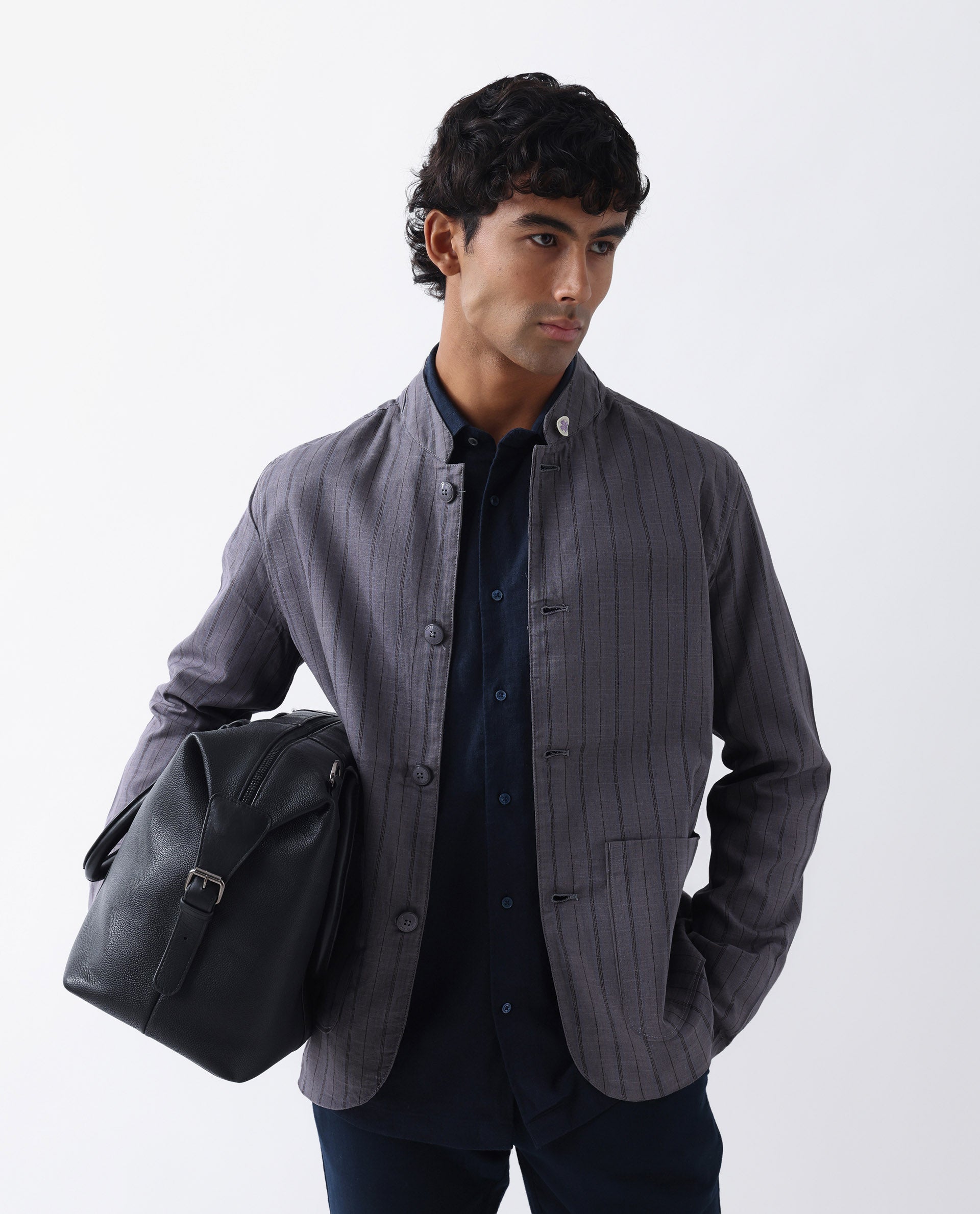 Rare Rabbit Men's Miler Dusky Purple Linen Blend Striped Print Regular Fit Full Sleeve Mandarin Collar Jacket