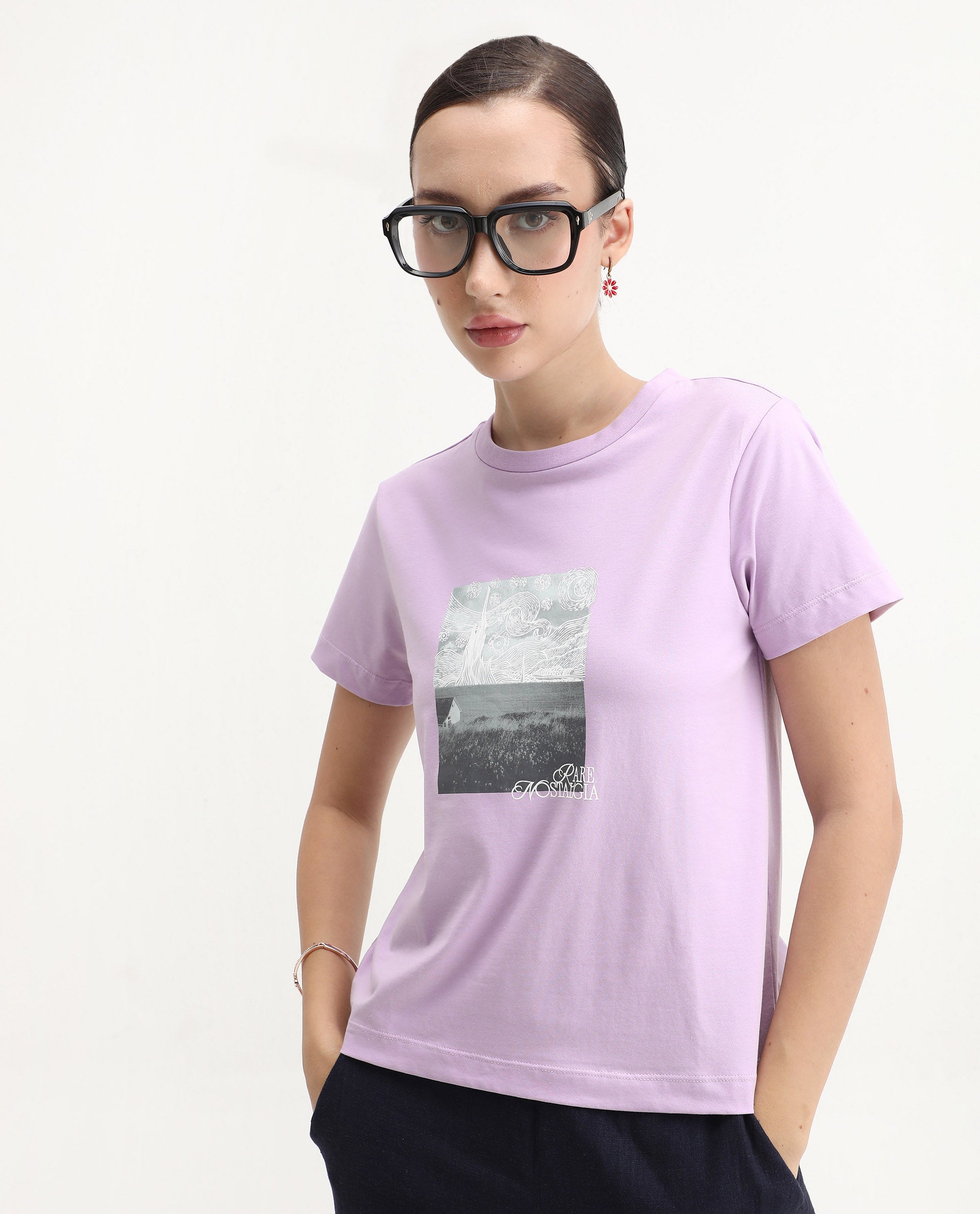 Rareism Women's Prife Light Purple Polyester Blend Crew Neck Graphic Print Regular Fit T-Shirt