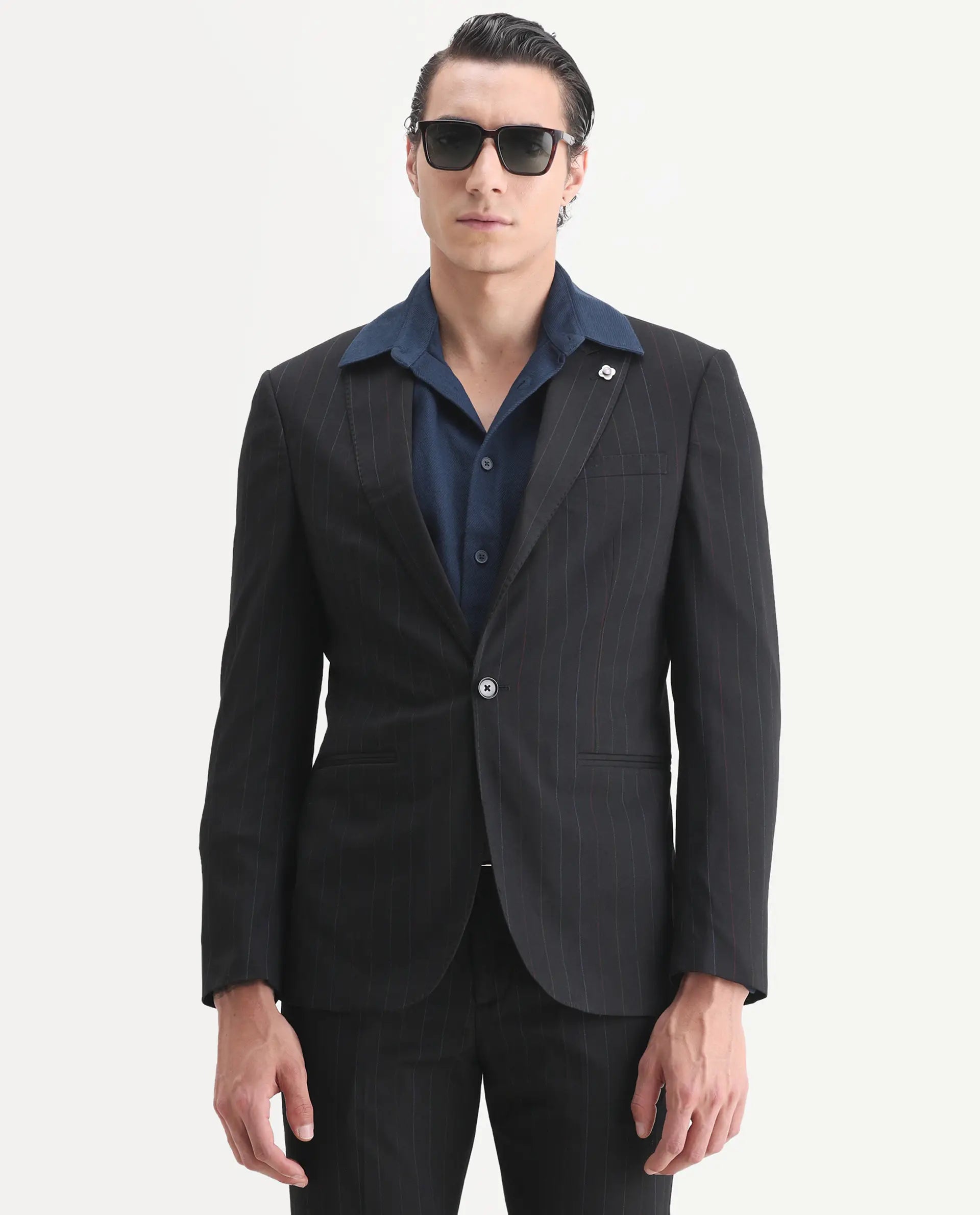 Rare Rabbit Men's Markas Black Polyester Striped Print Tailored Fit Full Sleeve Lapel Neck Suits