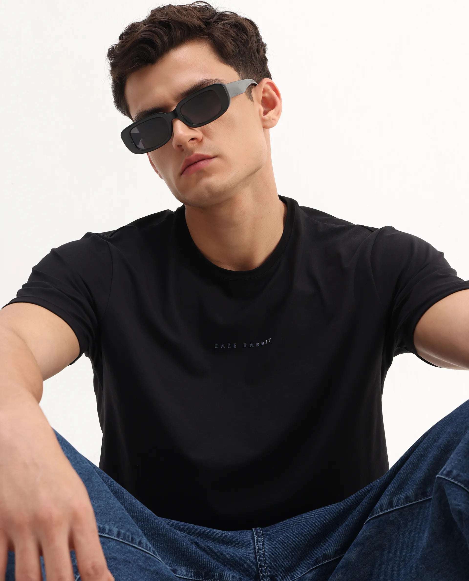 Rare Rabbit Men's Rabbit-25 Black Cotton Blend Graphic Print Regular Fit Half Sleeve Crew Neck T-Shirt