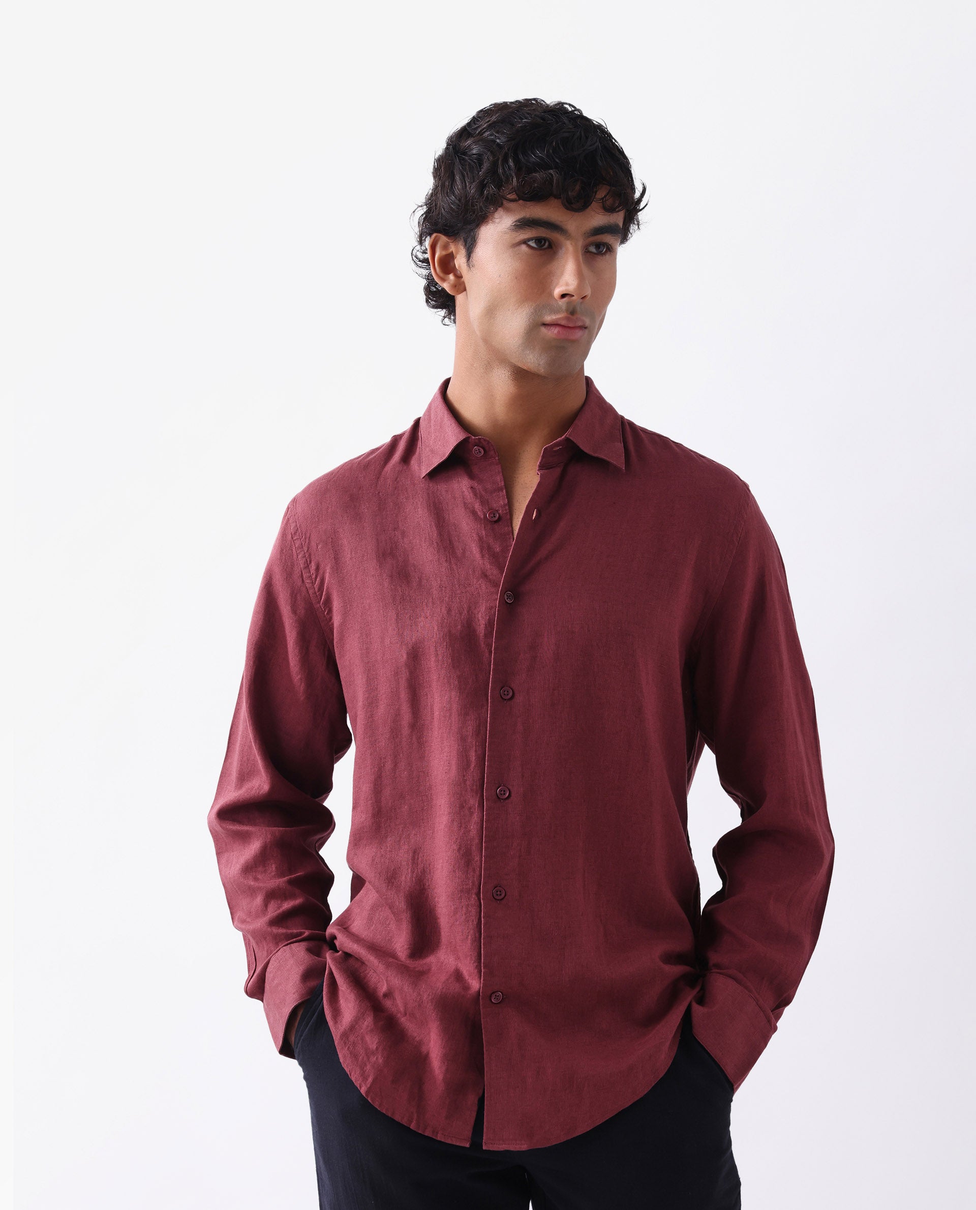 Rare Rabbit Men's Linex Ls-25 Maroon Linen Blend Plain Regular Fit Full Sleeve Collared Shirt