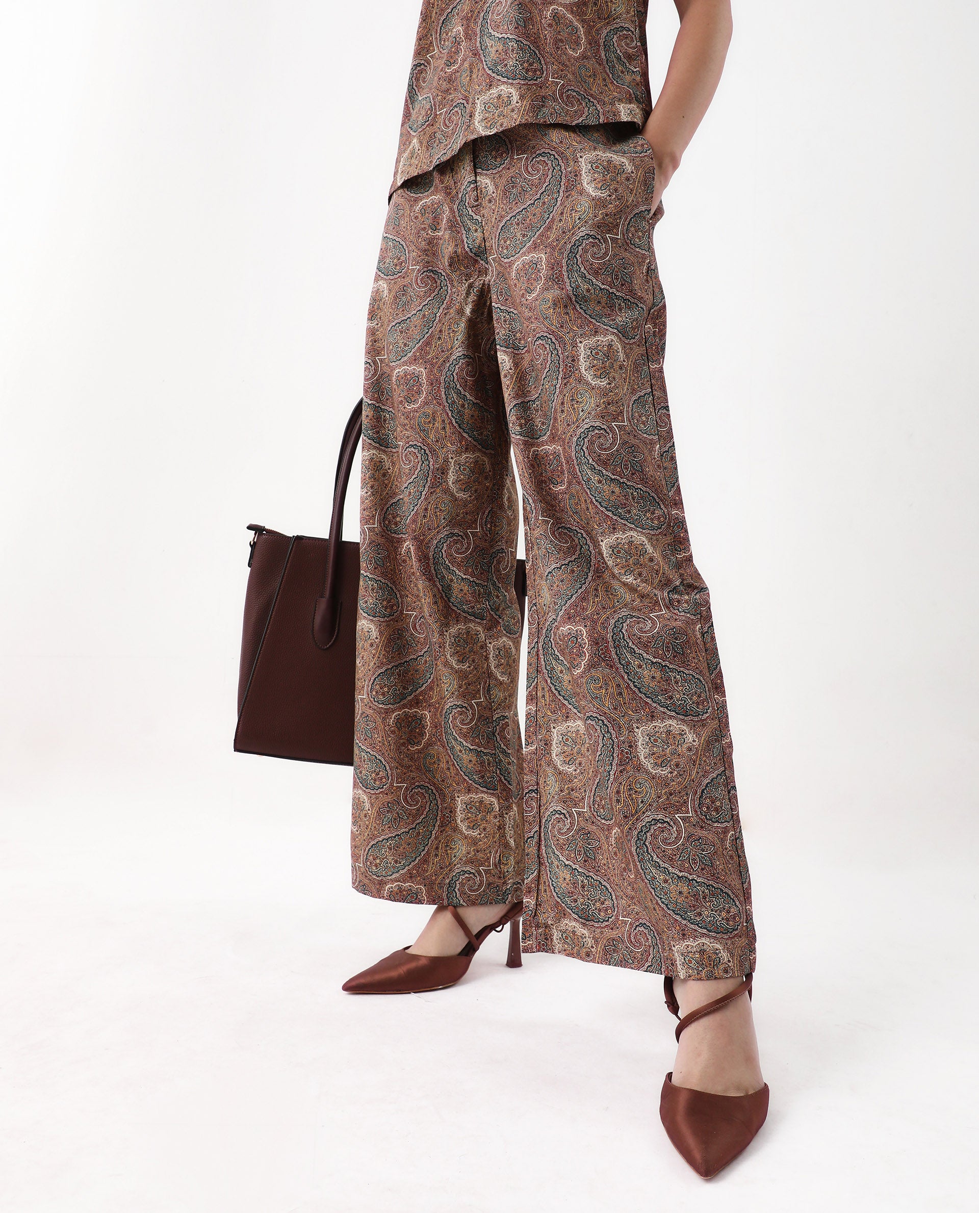 Rareism Women's Ronoro-B Multi Cotton Paisley Print Ankle Length Wide Trouser