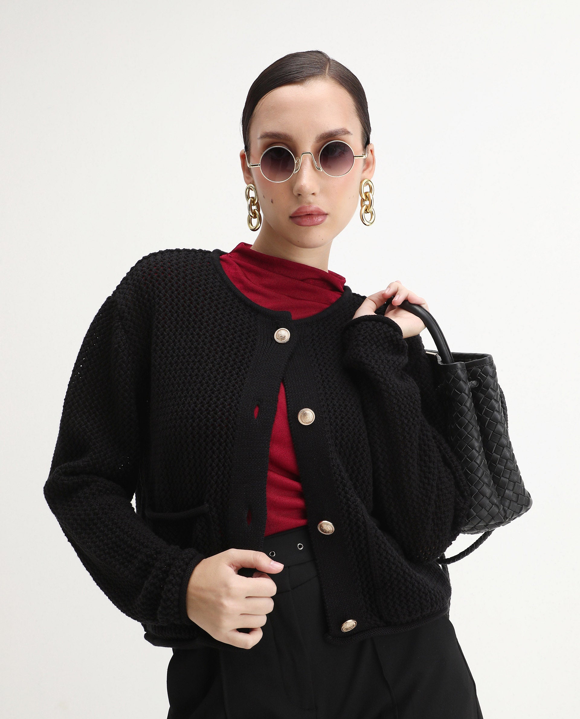 Rareism Women's Chetza Black Cotton Crew Neck Relaxed Fit Cardigan