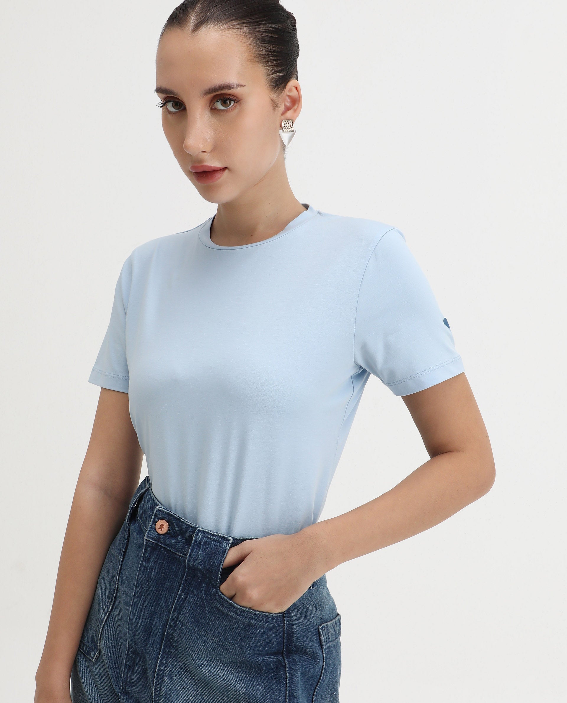 Rareism Women's Cercis Light Blue Cotton Blend Crew Neck Typography Print Regular Fit T-Shirt