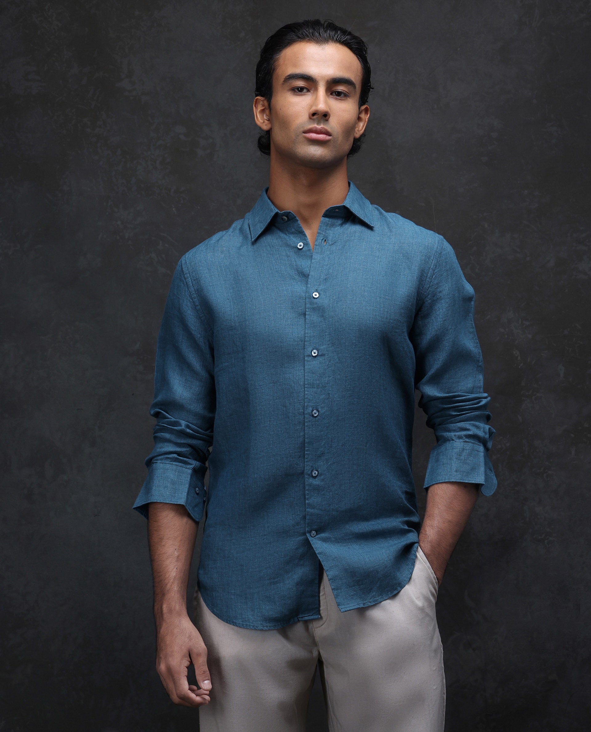 Rare Rabbit Men's Dalin Blue 100% Linen Plain Regular Fit Full Sleeve Collared Shirt