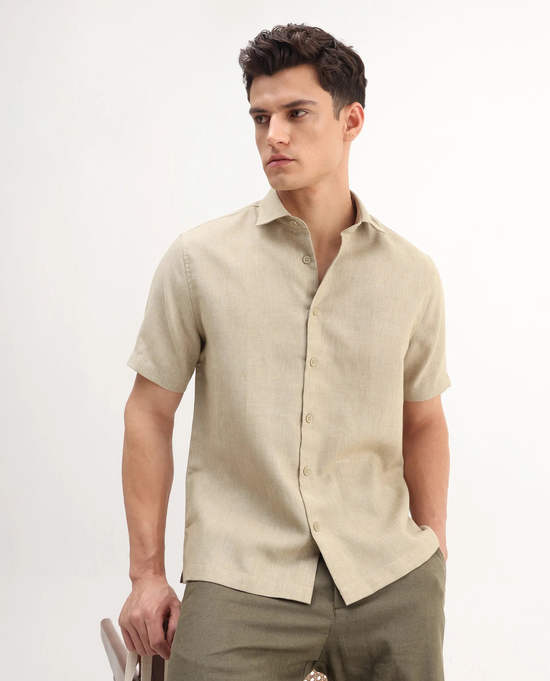 Rare Rabbit Men's Rome-Ss - Dusky Beige Polyester Plain Regular Fit Half Sleeve Collared Shirt