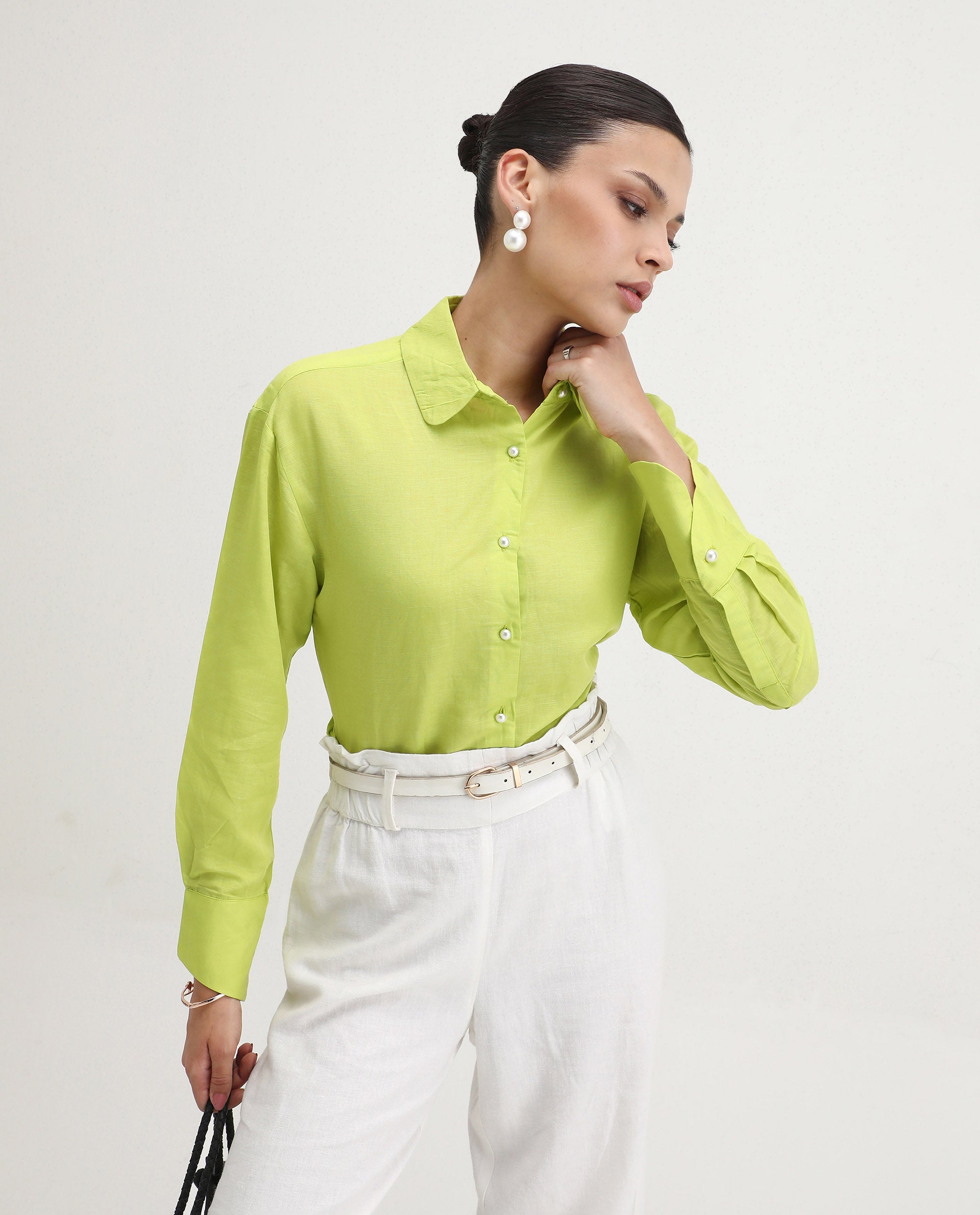 Rareism Women's Jayleen Yellow Linen Spread Collar Plain Slim Fit Top